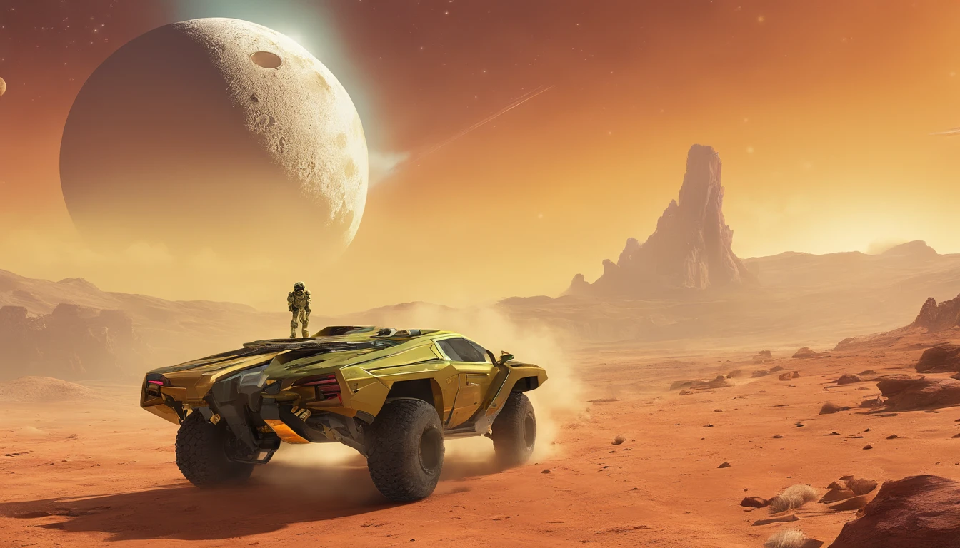 "Generate a highly detailed and dynamic image featuring Master Chief from Halo walking on the moon's surface. Envision him with accurate proportions, exuding an air of strength and determination. Depict the lunar landscape with meticulous detail, showcasing large explosions of dust and moon rock in the background, emphasizing the harsh, rugged terrain. Infuse the scene with micro-details, capturing the intricacies of Master Chief's armor, the lunar surface, and the billowing dust clouds. Craft an image that conveys both the grandeur of space exploration and the intense action of a battle on the moon, creating a visually stunning and immersive portrayal with the HALO Ring in the background"