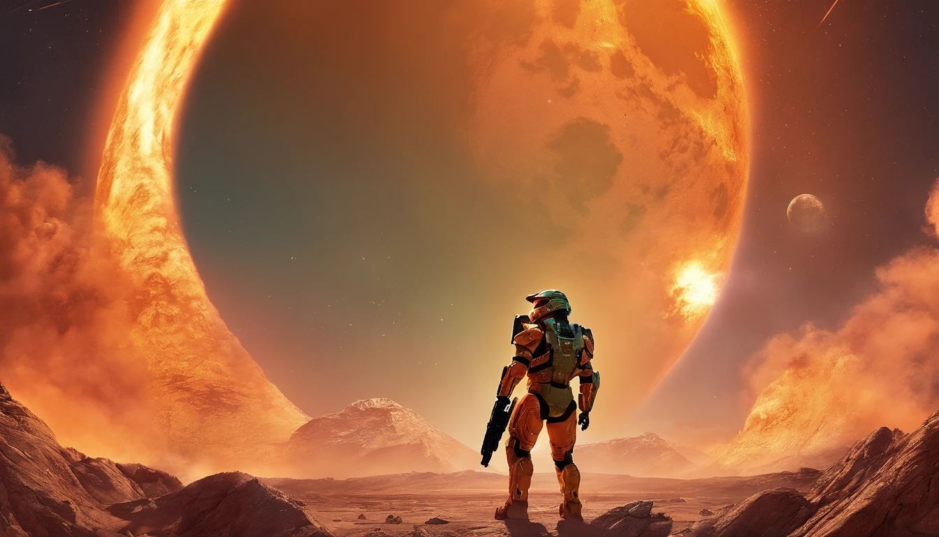 "Generate a highly detailed and dynamic image featuring Master Chief from Halo walking on the moon's surface. Envision him with accurate proportions, exuding an air of strength and determination. Depict the lunar landscape with meticulous detail, showcasing large explosions of dust and moon rock in the background, emphasizing the harsh, rugged terrain. Infuse the scene with micro-details, capturing the intricacies of Master Chief's armor, the lunar surface, and the billowing dust clouds. Craft an image that conveys both the grandeur of space exploration and the intense action of a battle on the moon, creating a visually stunning and immersive portrayal with the HALO Ring in the background"