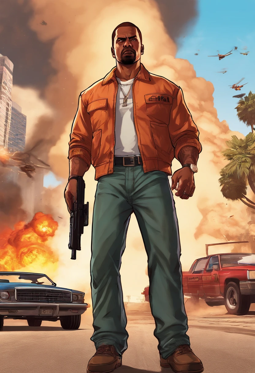 "Craft an intensely detailed prompt envisioning CJ from Grand Theft Auto: San Andreas as a remastered character in a thrilling and explosive scenario in the upcoming game. Depict CJ with remastered graphics, showcasing intricate details in his appearance and attire. Place him in the midst of a chaotic and violent scene, surrounded by explosions that illuminate the environment. Capture the intense action with meticulous detail, from the fiery blasts to the dynamic reactions on CJ's face. Infuse the scene with a sense of urgency and danger, ensuring that the remastered character seamlessly integrates into the high-stakes atmosphere. Create a visually striking and immersive prompt that teems with the energy and excitement of the Grand Theft Auto series."