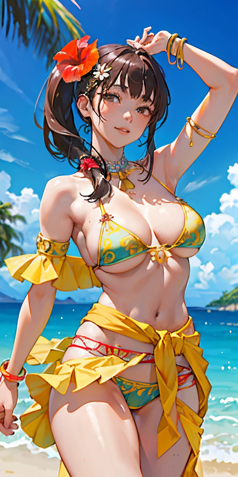 16 year old girl with a realistic smile、Wearing a big bikini on the butt、(Super close-up looking up from below、facing back、Super close-up shot of the butt.、Slightly thicker emphasis on the thighs、She is wearing a micro bikini with a floral pattern on her chest..................、Emphasis on cleavage、sexy brown skin tone、Tahitian dancer、dance tahitian dance、pareo(wear a skirt around the waist)、seashell necklace around neck、hibiscus ornament in hair、Sexy Posing、Tropical Beach