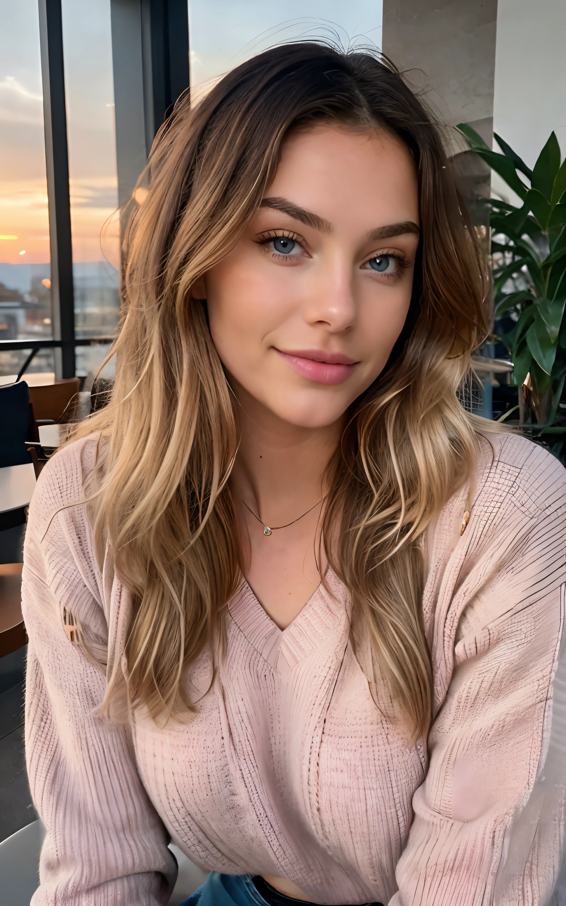 beautiful blonde wearing pink sweater (sipping coffee inside a modern café at sunset), very detailed, 21 years old, innocent face, natural wavy hair, blue eyes, high resolution, masterpiece, best quality, intricate details, highly detailed, sharp focus, detailed skin, realistic skin texture, texture, detailed eyes, professional, 4k, charming smile, shot on Canon, 85mm, shallow depth of field, kodak vision color, perfect fit body, extremely detailed, foto_\(ultra\), photorealistic, realistic, post-processing, maximum detail, roughness, real life, ultra realistic, photorealism, photography, 8k uhd, photography