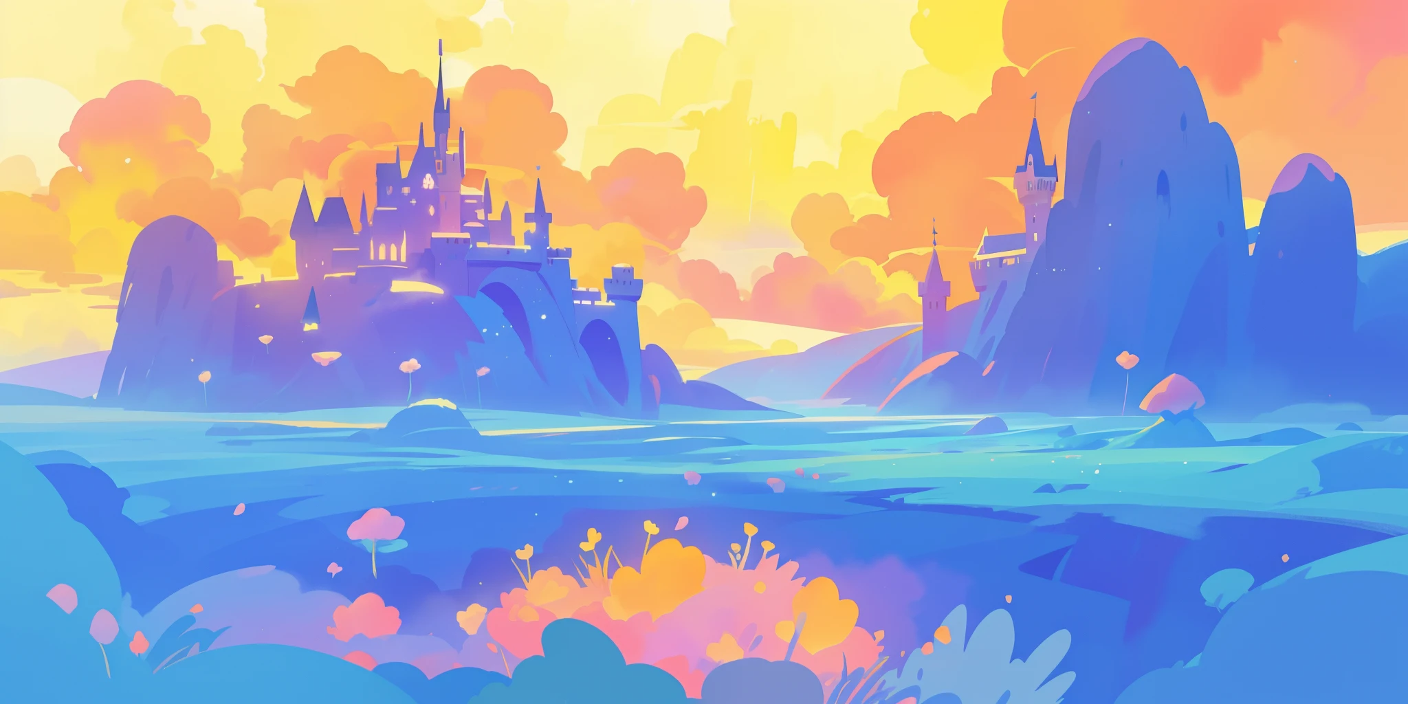 beautiful fantasy landscape, vibrant colors, (((otherworldly landscape))), whimsical landscape, cloud castle, huge clouds, ocean of clouds, watercolor illustration, disney art style, glowing lights, beautiful digital illustration, fantasia otherworldly landscape plants flowers, beautiful, masterpiece, best quality, anime disney style