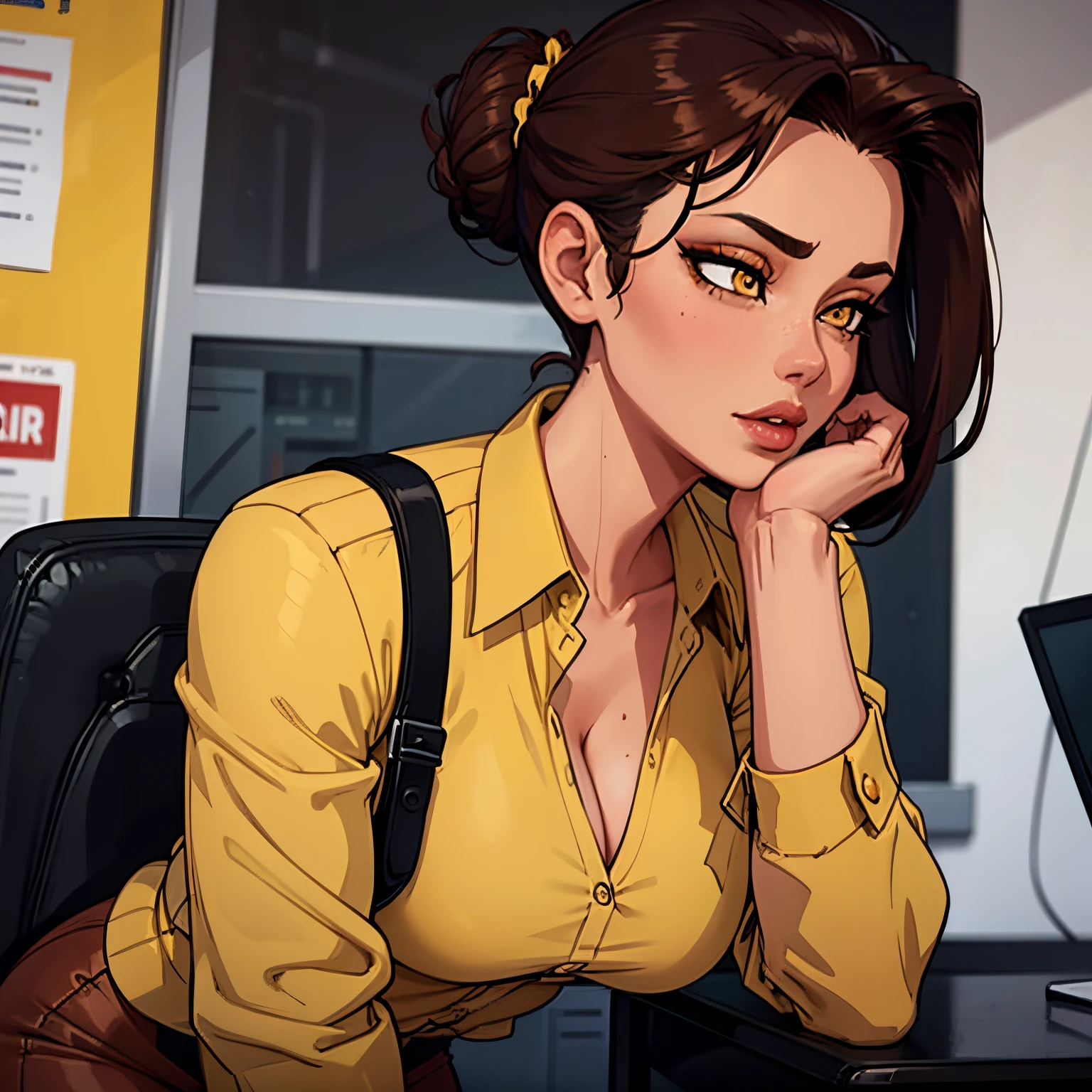 Female busty business woman, brown hair up in a bun, wearing makeup, wearing business outfit, sexy, cute, full lips, wearing lipstick, yellow clothing, brown eyes
