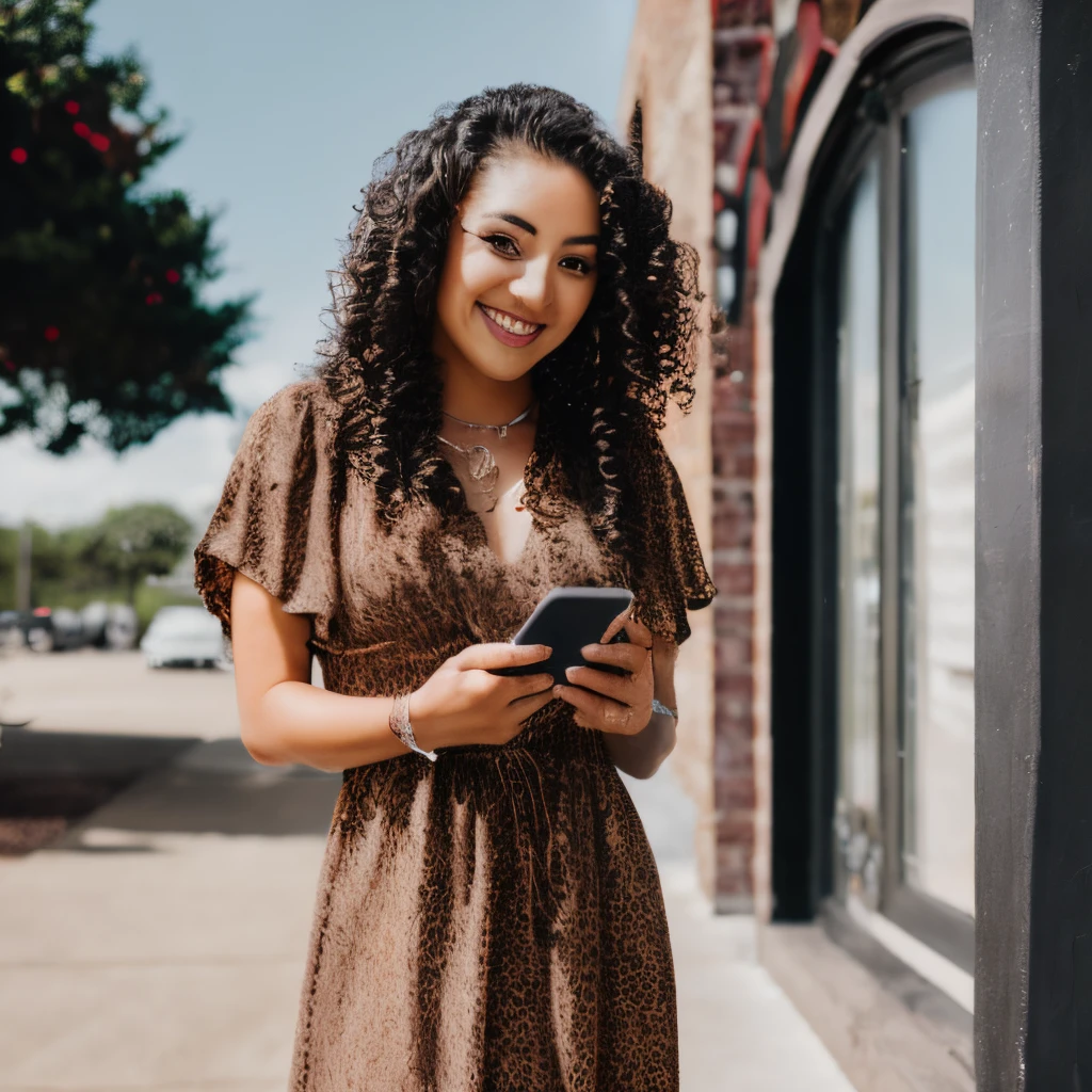 5’5 Mexican woman, medium long curly hair, brown eyes, summer dress with heels, and phone in hanf