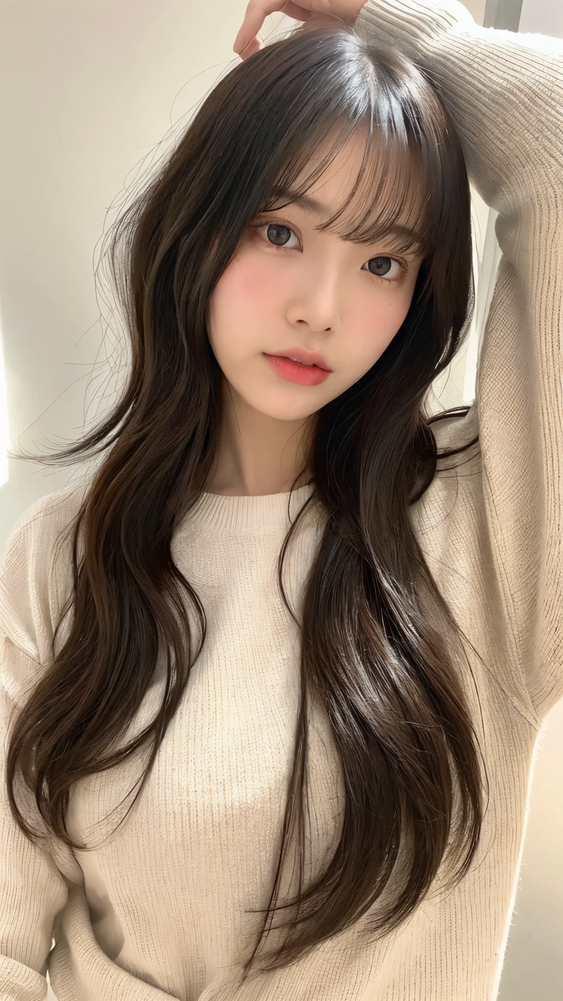 (top-quality、16K resolution)1人、独奏、natural soft light、small tits、A Japanese Lady、Looking at the camera、White long-sleeved knit、Concrete background、Facing the front、is standing、bobhair、Woman in her late teeight bangs、short-hair、Salon model、Natural look、portlate、floated hair、Rolled hair