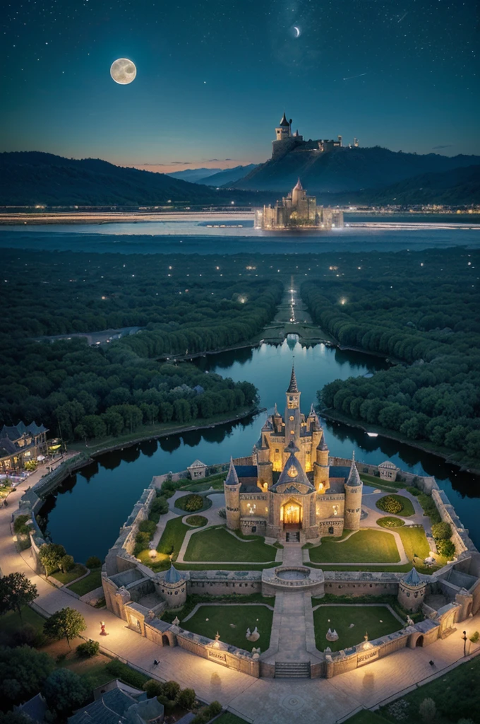 (an artist's design of a floating Castle on the floating the land and Forest and Fountain in the air)1.4, bird's-eye view, scenery, azure moon, night view, Starry night, no humans, a fantastic magical world, (Best quality), (masterpiece:1.3), (photorealistic:1.36), (realistic), ultra-detailed,, detail background, 16:9 format picture,