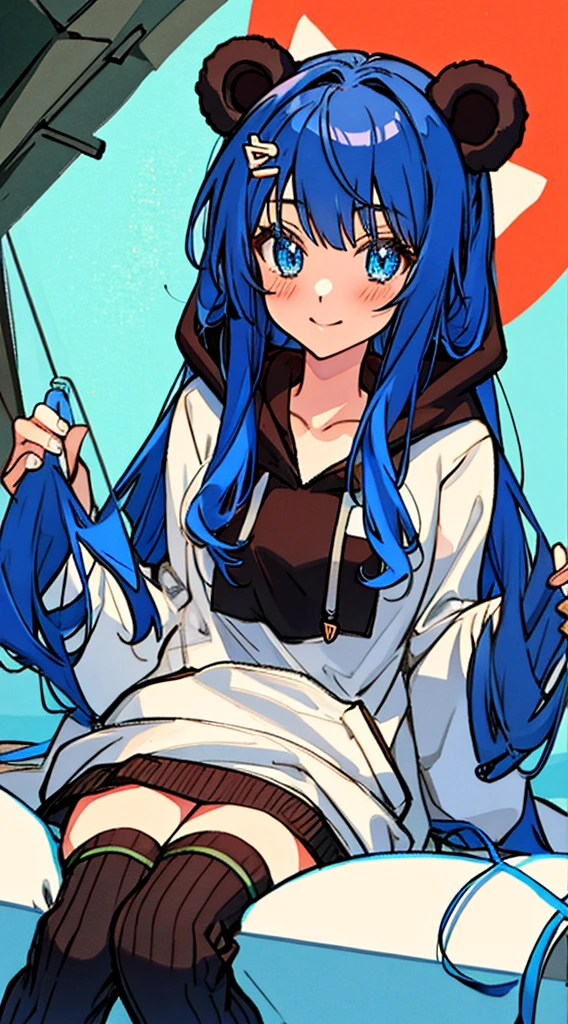 hoodie, 1 girl, virtual Youtuber, alone, tail, Gawr's mouth, blue eyes, multi-colored hair, bear tail, look at viewers, a smile, red blush, bangs, blue hair, sitting, flat chest, hair ribbed, hair ornaments, gray hair, long sleeves, brown hoodie, hoodie up, gray bottom, clavicle, bear girl, stomach, hair length, cute bear hood, cute erotic, perfect anatomy, sfw