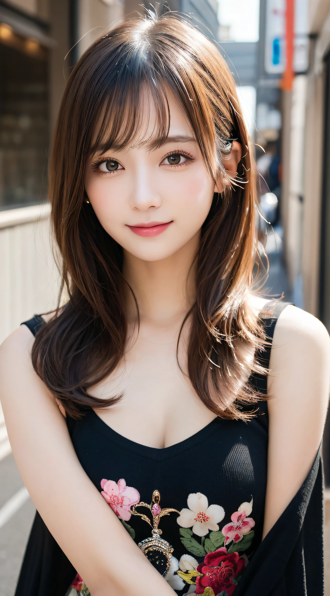 masutepiece, Best Quality, Illustration, Ultra-detailed, finely detail, hight resolution, 8K Wallpaper, Perfect dynamic composition, Beautiful detailed eyes, Women's Fashion Summer,Medium Hair,Small breasts natural color lip, Bold sexy poses,Smile,Harajuku、20 years girl、Cute、Sexy shot looking at camera