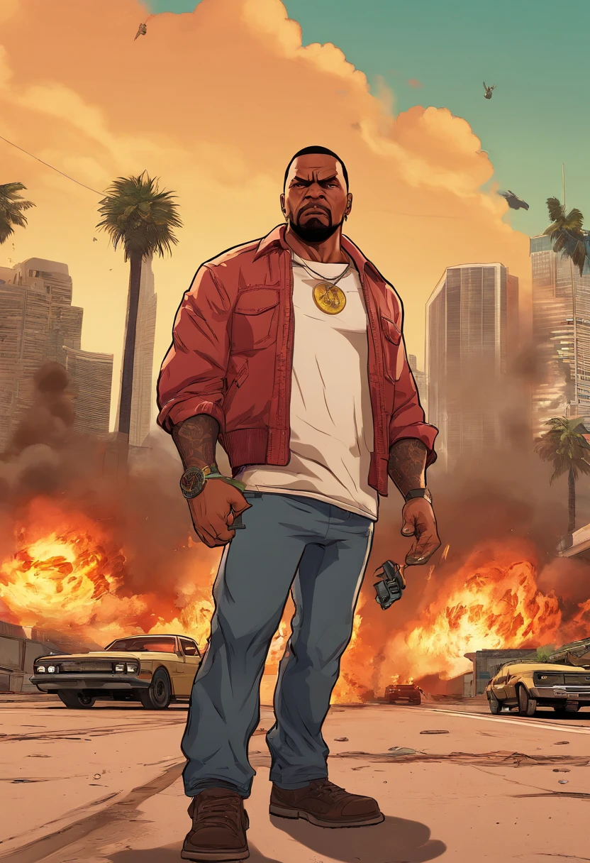 "Craft an intensely detailed prompt envisioning CJ from Grand Theft Auto: San Andreas as a remastered character in a thrilling and explosive scenario in the upcoming game. Depict CJ with remastered graphics, showcasing intricate details in his appearance and attire. Place him in the midst of a chaotic and violent scene, surrounded by explosions that illuminate the environment. Capture the intense action with meticulous detail, from the fiery blasts to the dynamic reactions on CJ's face. Infuse the scene with a sense of urgency and danger, ensuring that the remastered character seamlessly integrates into the high-stakes atmosphere. Create a visually striking and immersive prompt that teems with the energy and excitement of the Grand Theft Auto series."