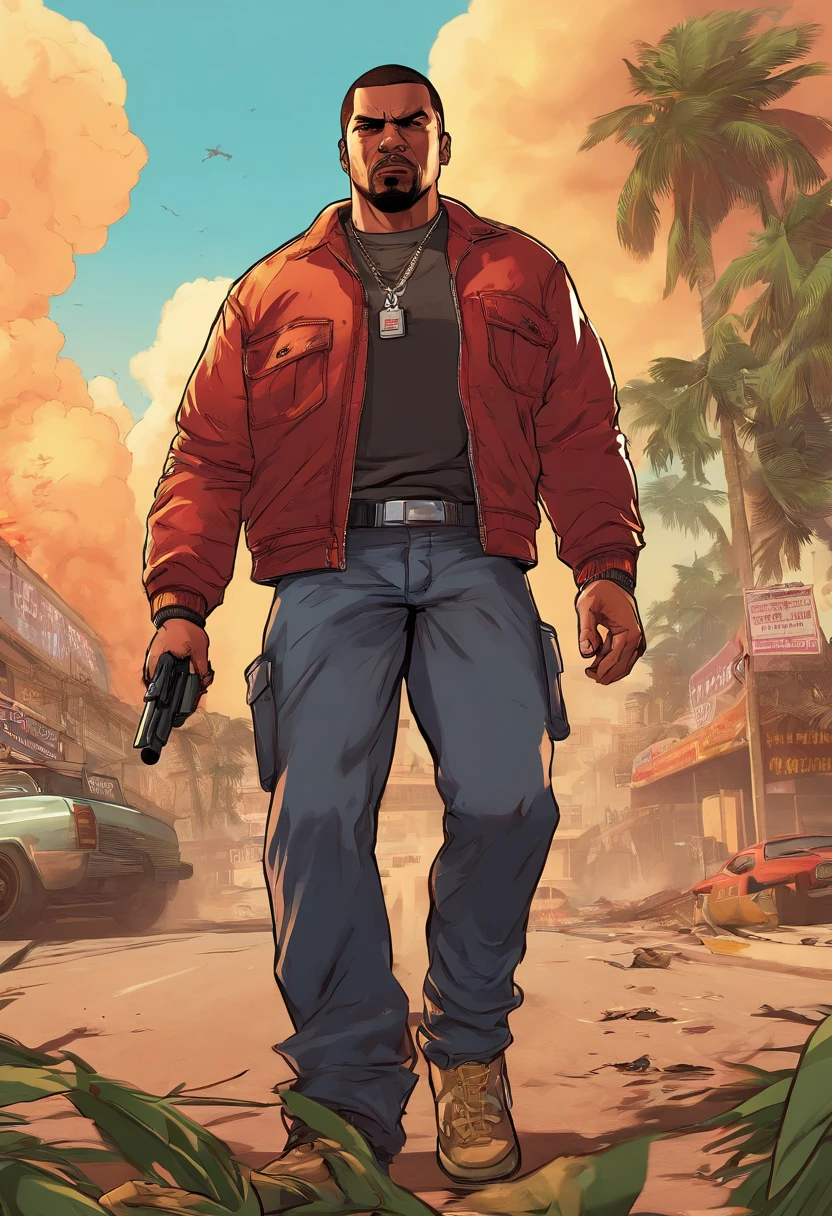 "Craft an intensely detailed prompt envisioning CJ from Grand Theft Auto: San Andreas as a remastered character in a thrilling and explosive scenario in the upcoming game. Depict CJ with remastered graphics, showcasing intricate details in his appearance and attire. Place him in the midst of a chaotic and violent scene, surrounded by explosions that illuminate the environment. Capture the intense action with meticulous detail, from the fiery blasts to the dynamic reactions on CJ's face. Infuse the scene with a sense of urgency and danger, ensuring that the remastered character seamlessly integrates into the high-stakes atmosphere. Create a visually striking and immersive prompt that teems with the energy and excitement of the Grand Theft Auto series."