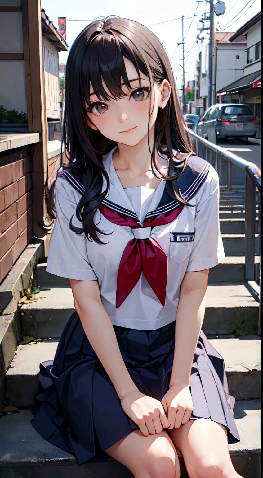 Arab asian woman sitting on stairs with hands on chin, Realistic Young Gravure Idol, a hyperrealistic schoolgirl, Young Pretty Gravure Idol, Young Gravure Idol, Cute Schoolgirl, a hyperrealistic schoolgirl, Young skinny gravure idol, Young Sensual Gravure Idol, japanese girl school uniform, beautiful anime high school girl, Japan school uniform、((top-quality)), ((​masterpiece)), (detaileds),