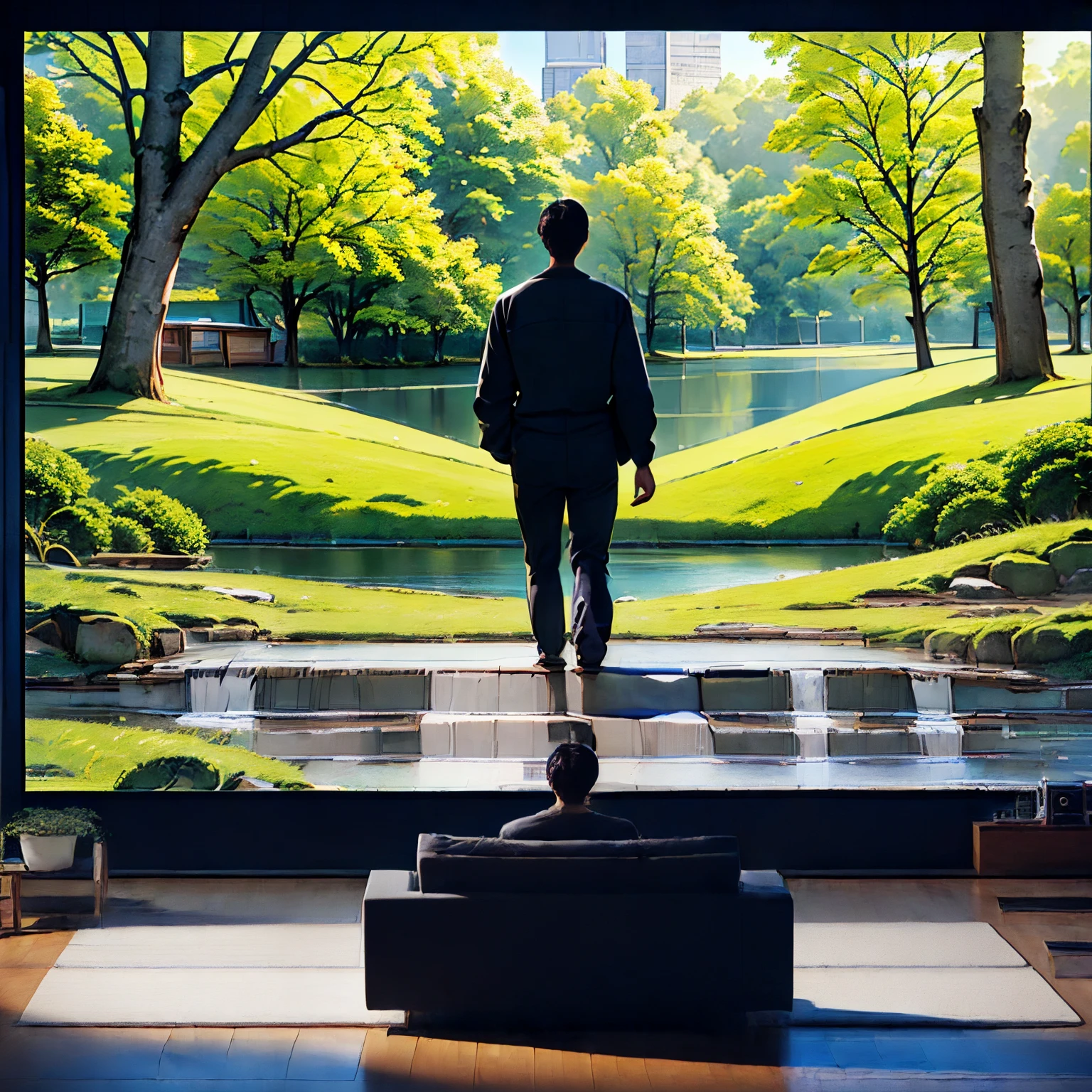 ((1man, 1 man sitting on a sofa watching a 60-inch large screen TV)), (in room), ((60-inch large screen TV)), ((Draw a girl walking in the park instead of a green screen:1.4)),
