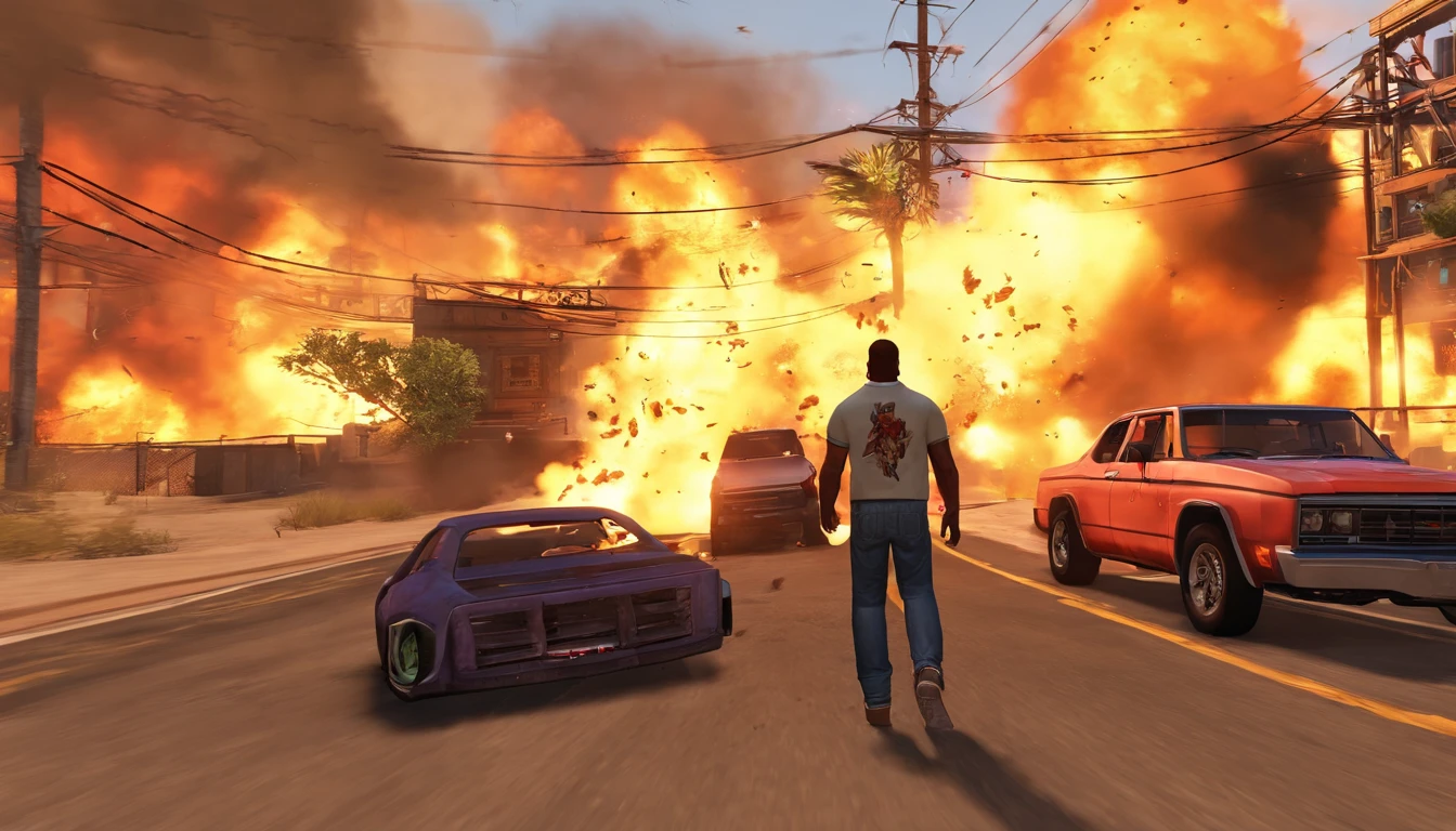 "Craft an intensely detailed prompt envisioning CJ from Grand Theft Auto: San Andreas as a remastered character in a thrilling and explosive scenario in the upcoming game. Depict CJ with remastered graphics, showcasing intricate details in his appearance and attire. Place him in the midst of a chaotic and violent scene, surrounded by explosions that illuminate the environment. Capture the intense action with meticulous detail, from the fiery blasts to the dynamic reactions on CJ's face. Infuse the scene with a sense of urgency and danger, ensuring that the remastered character seamlessly integrates into the high-stakes atmosphere. Create a visually striking and immersive prompt that teems with the energy and excitement of the Grand Theft Auto series."