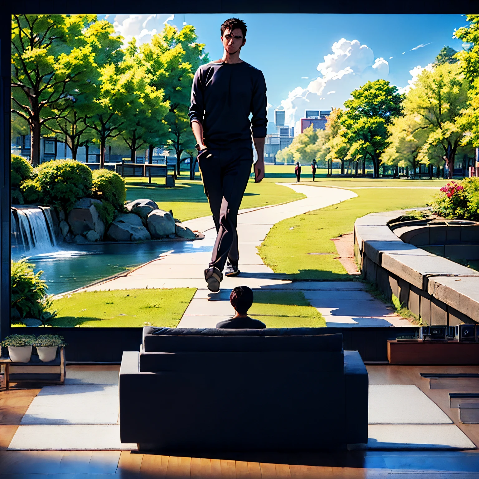 ((1man, 1 man sitting on a sofa watching a 60-inch large screen TV)), (in room), ((60-inch large screen TV)), ((Draw a girl walking in the park instead of a green screen:1.4)),