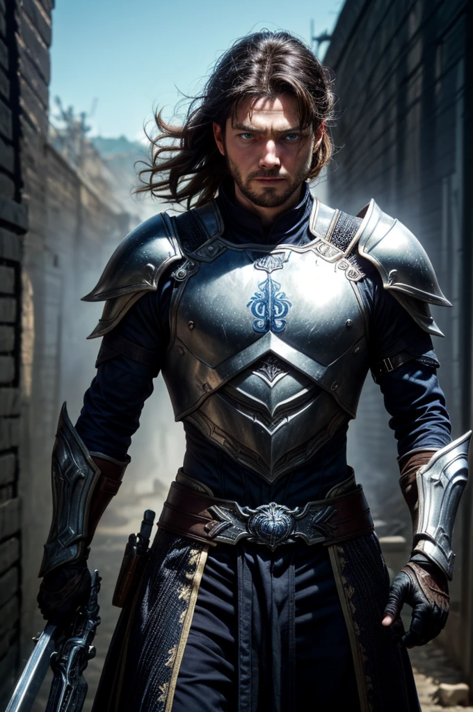 Alden ostenta cabelos curtos e grisalhos que contribuem para sua imagem de guerreiro. As mechas prateadas ressaltam a maturidade e a sabedoria que adquiriu ao longo dos anos. Alden's blue eyes are piercing, Uma barba densa e bem-cuidada adorna o rosto de Alden. Alden possui uma fisionomia musculosa e robusta, Com uma estatura elevada, Alden maintains a firm and confident posture. Alden carrega um armamento pesado, incluindo uma espada longa afiada e uma armadura resistente. Symbols adorn your armor, Alden possui cicatrizes no rosto e no corpo, Alden maintains a determined and loyal expression.