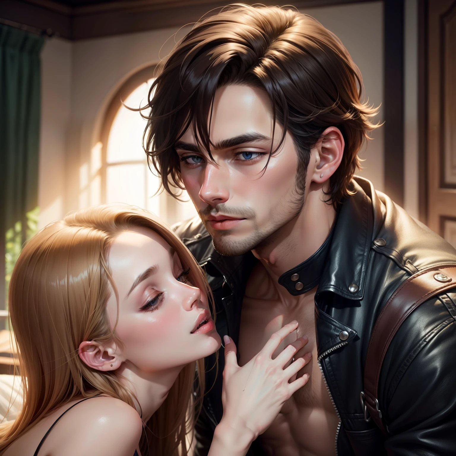 a man and woman embracing, detailed facial features, beautiful detailed eyes, beautiful detailed lips, extremely detailed eyes and face, long eyelashes, intimate embrace, romantic couple, tender moment, elegant dress, chiaroscuro lighting, cinematic composition, (best quality,4k,8k,highres,masterpiece:1.2),ultra-detailed,(realistic,photorealistic,photo-realistic:1.37),dramatic lighting,moody atmosphere,warm color palette,romantic,intimate,emotional