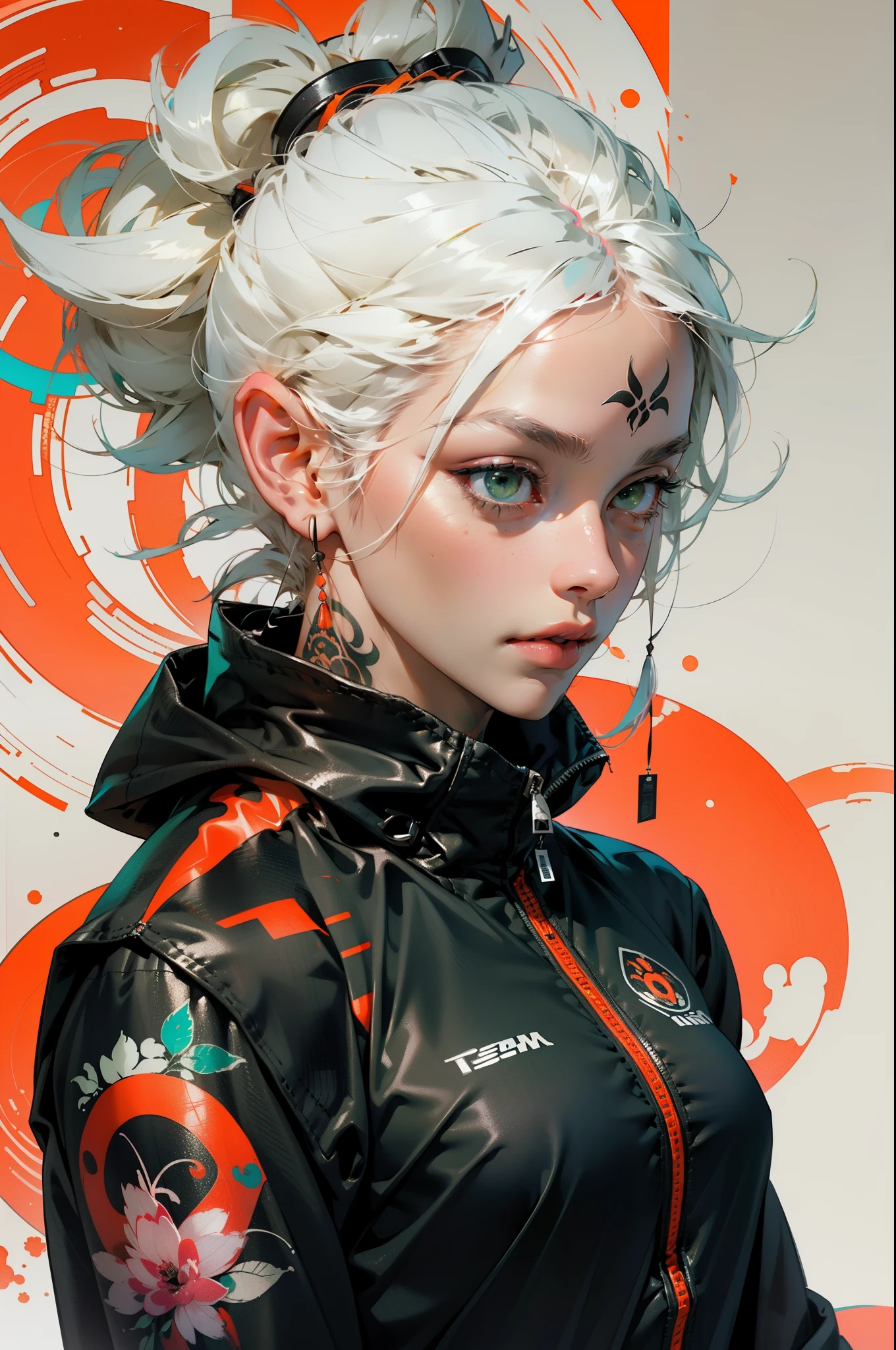 orange, pink, white, green, (white hair woman),tattoos, (techwear clothes:1.1),abstract lines and circles background