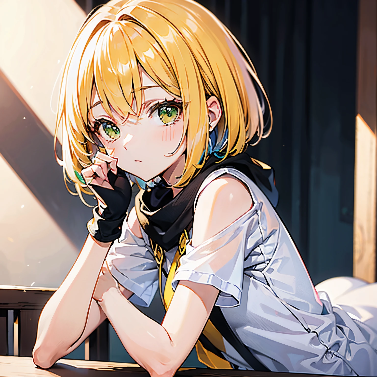 s girl　Golden hair　bob cuts　drooing eyes　Light green eyes　first mitt　Young face