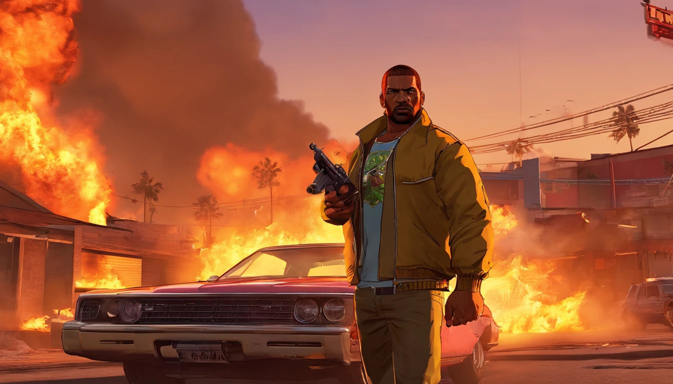 "Craft an intensely detailed prompt envisioning CJ from Grand Theft Auto: San Andreas as a remastered character in a thrilling and explosive scenario in the upcoming game. Depict CJ with remastered graphics, showcasing intricate details in his appearance and attire. Place him in the midst of a chaotic and violent scene, surrounded by explosions that illuminate the environment. Capture the intense action with meticulous detail, from the fiery blasts to the dynamic reactions on CJ's face. Infuse the scene with a sense of urgency and danger, ensuring that the remastered character seamlessly integrates into the high-stakes atmosphere. Create a visually striking and immersive prompt that teems with the energy and excitement of the Grand Theft Auto series."