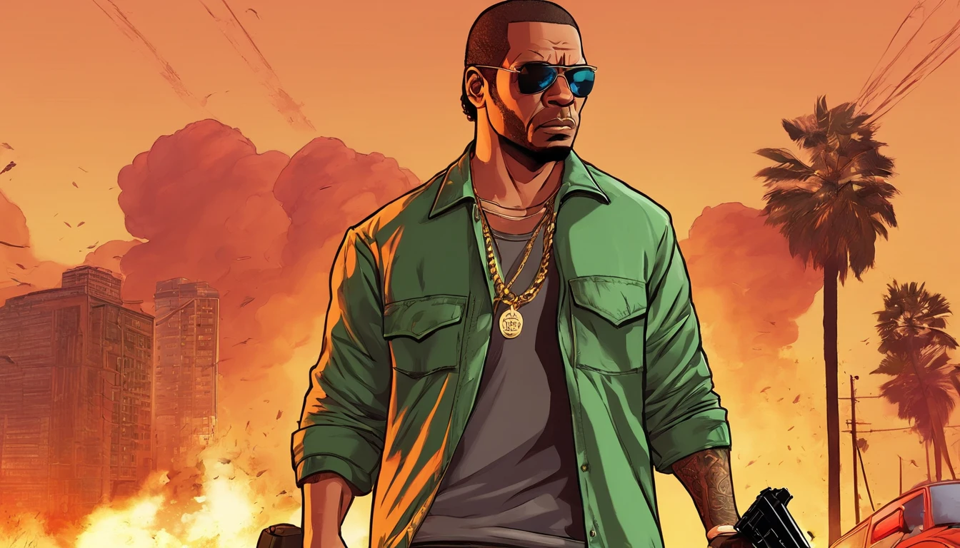 "Craft an intensely detailed prompt envisioning CJ from Grand Theft Auto: San Andreas as a remastered character in a thrilling and explosive scenario in the upcoming game. Depict CJ with remastered graphics, showcasing intricate details in his appearance and attire. Place him in the midst of a chaotic and violent scene, surrounded by explosions that illuminate the environment. Capture the intense action with meticulous detail, from the fiery blasts to the dynamic reactions on CJ's face. Infuse the scene with a sense of urgency and danger, ensuring that the remastered character seamlessly integrates into the high-stakes atmosphere. Create a visually striking and immersive prompt that teems with the energy and excitement of the Grand Theft Auto series."