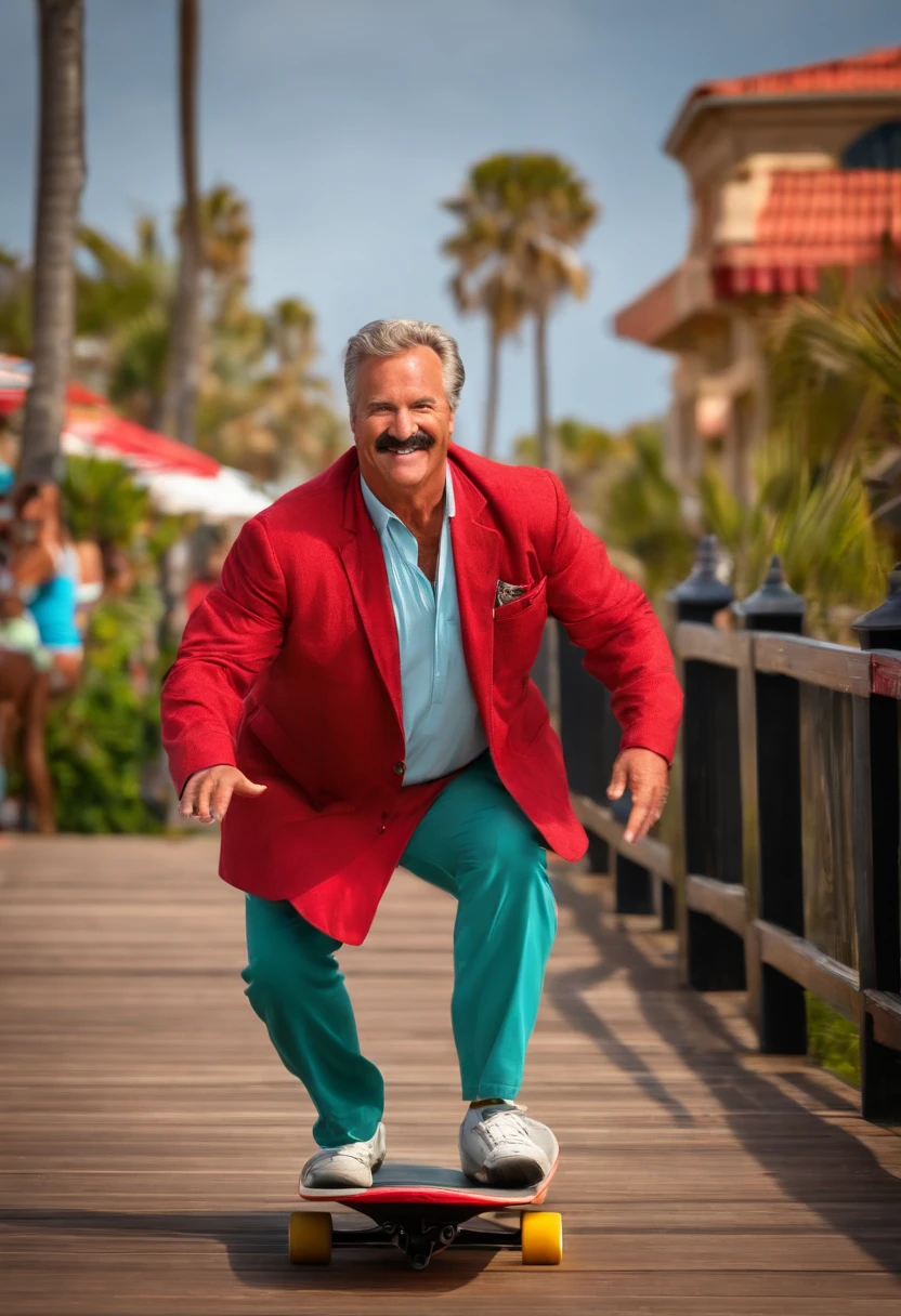 Magnum is skateboarding down the boardwalk with a big smile on his face, waving at the camera.,original,Magnum PI