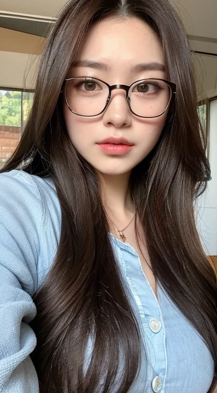 ((top-quality、8K、tmasterpiece:1.3))、Twenty years old、Long gray hair、Focus Clear:1.2、Beautiful woman with perfect style:1.4、Slim abs:1.2、((dark brown hair、Colossal tits:1.2))、(White button-down long shirt:1.1)、The school's teaching building:1.2、Highly Detailed Face and Skin Textur、詳細な目、二重まぶた、Camelier top、wears glasses、denim short