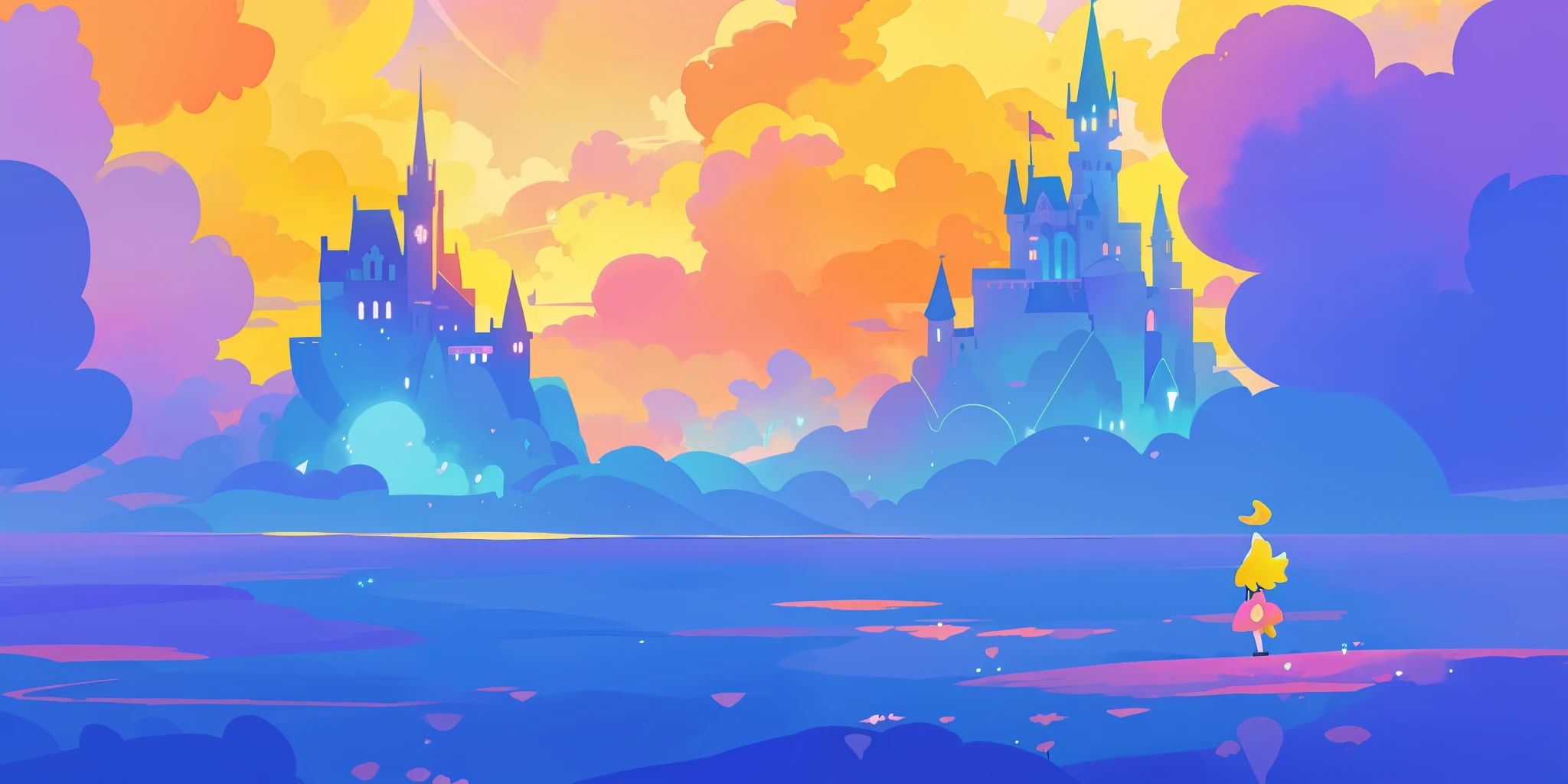 beautiful fantasy landscape, vibrant colors, (((otherworldly landscape))), whimsical landscape, cloud castle, huge clouds, ocean of clouds, watercolor illustration, disney art style, glowing lights, beautiful digital illustration, fantasia otherworldly landscape plants flowers, beautiful, masterpiece, best quality, anime disney style