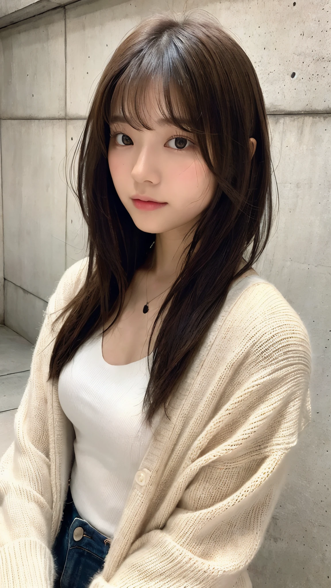 (top-quality、16K resolution)女の子1人、独奏、natural soft light、small tits、A Japanese Lady、Looking at the camera、white long sleeve knit cardigan、Concrete background、Facing the front、is standing、bobhair、Woman in her late teens、Light bangs、short-hair、Salon model、Natural look、portlate、floated hair、Rolled hair