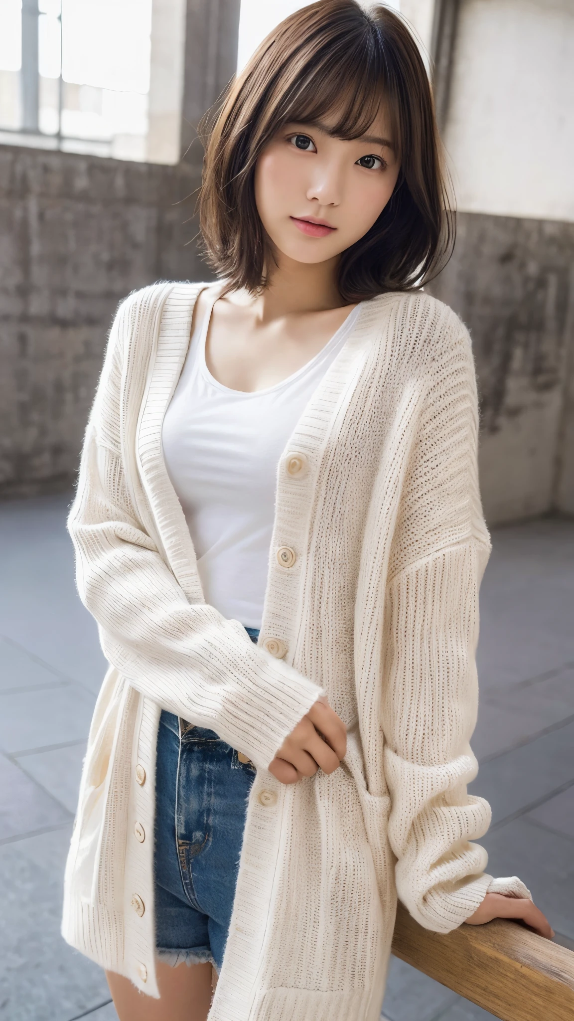 (top-quality、16K resolution)女の子1人、独奏、natural soft light、small tits、A Japanese Lady、Looking at the camera、white long sleeve knit cardigan、Concrete background、Facing the front、is standing、bobhair、Woman in her late teens、Light bangs、short-hair、Salon model、Natural look、portlate、floated hair、Rolled hair