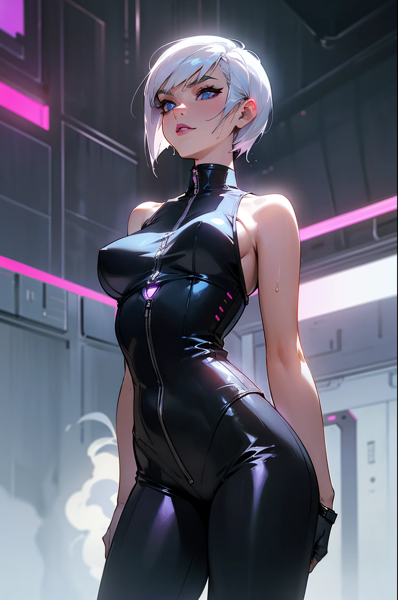 Woman 30 years (Sasha Grey pov), short white hair, sidecut hair, tight sexy white Low-cut tank top, cibernetic accessories, black leather pants with leds, unbuttoned futuristic large cyberpunk white vest, no buttons, no bra, no bra, beautiful face, super detail eyes, perfect eyes, medium breasts, wet and soft, close, fiery and lascivious wanting more, front view, nice thighs, blue eyes, purple lipstick, backlight, neon, smoke, steam, much steam, Cyberpunk urban street nighttime scenarium