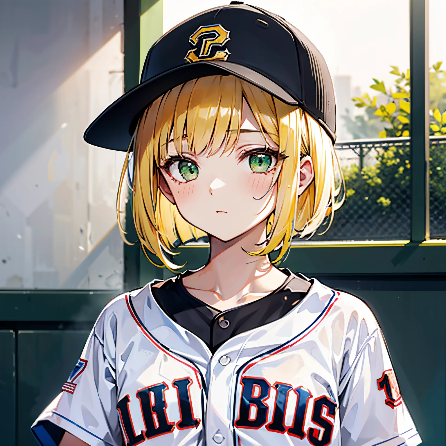 teens girl　Golden hair　bob cuts　drooing eyes　Light green eyes　first mitt　Young face　baseball uniform　baseball cap