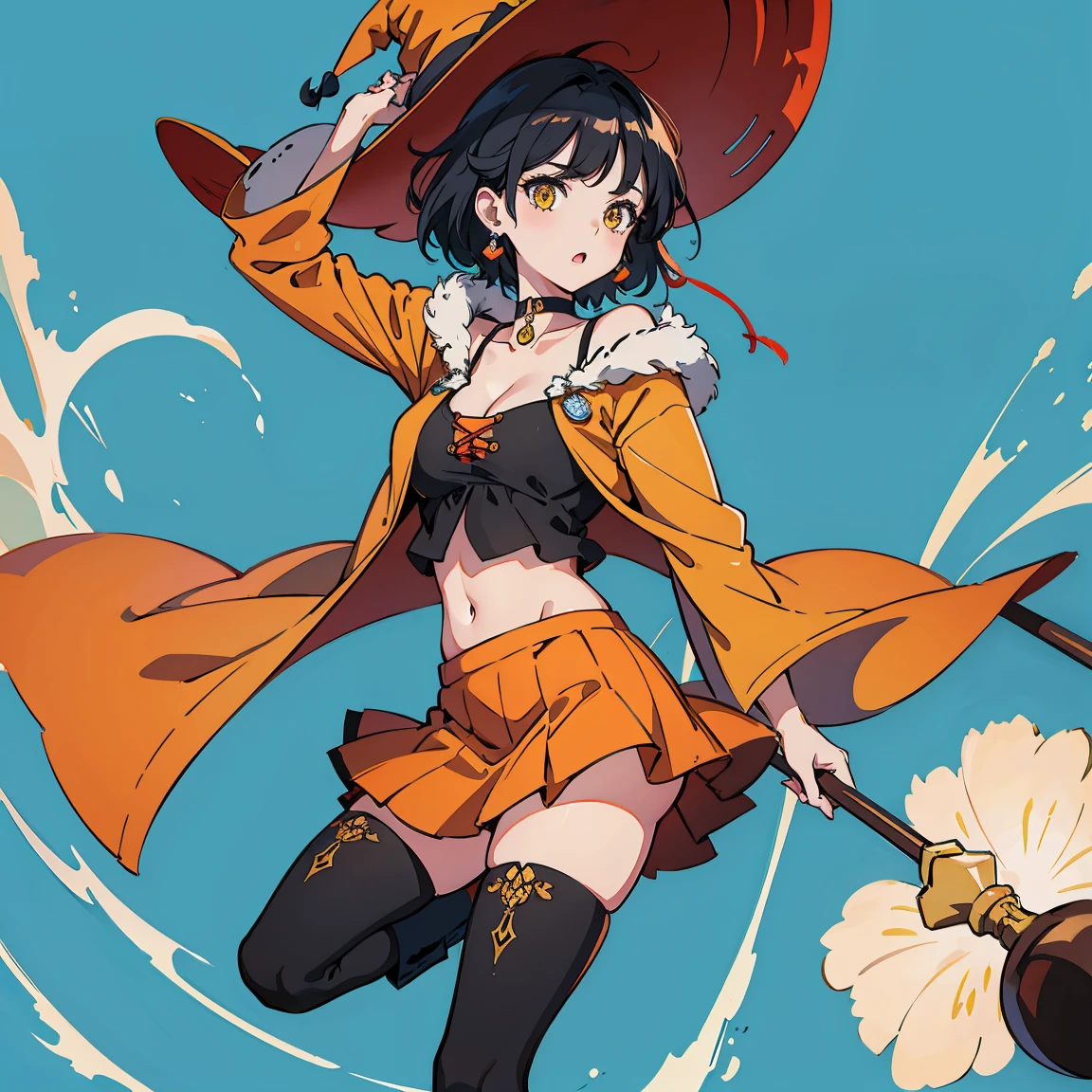 (masterpiece), best quality, expressive eyes, perfect face, 1girl, witch, large breasts, Cleavage, choker BREAK yellow eyes, orange witch hat BREAK short hair, black hair BREAK flapper shirt, midriff, red cloak BREAK orange skirt BREAK blue earrings BREAK Boots, :o, abstract background, mirror, white and blue background