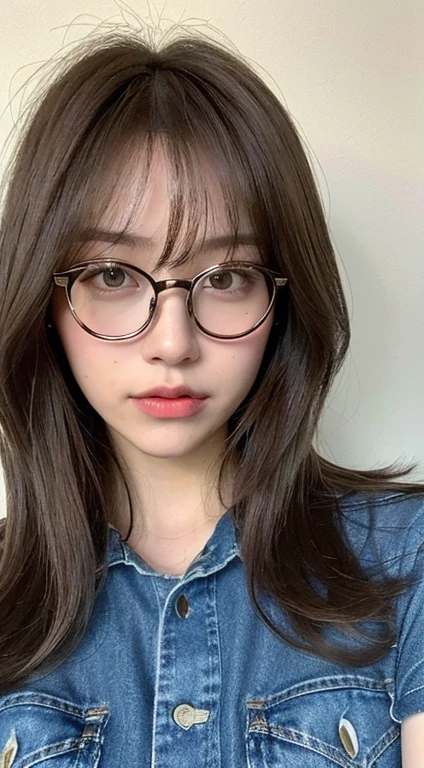 create ultrarealistic, hyperdetailed, anatomically correct 13 year old girl (by the cafe, Beautiful, innocent, medium bust, small) upper body selfie from hand (front camera of a phone) in bed, wearing a black sweater and a jean jacket with glasses