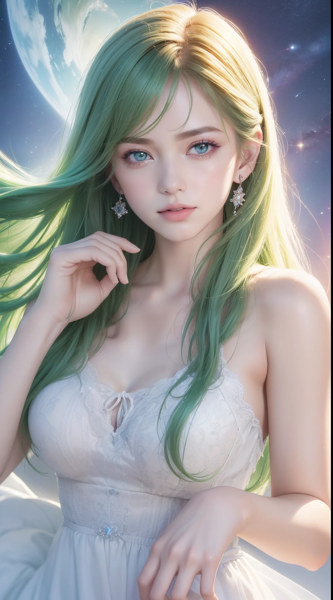 (Best quality at best:1.5), (Beautiful CG), (A high resolution:1.5)、The face sticks out from the photo、Green eyes、sapphire green eyes、Gloss on lips、Eye gloss、A smile、open your mouth slightly、Round and big eyes、silber hair、The background is the universe