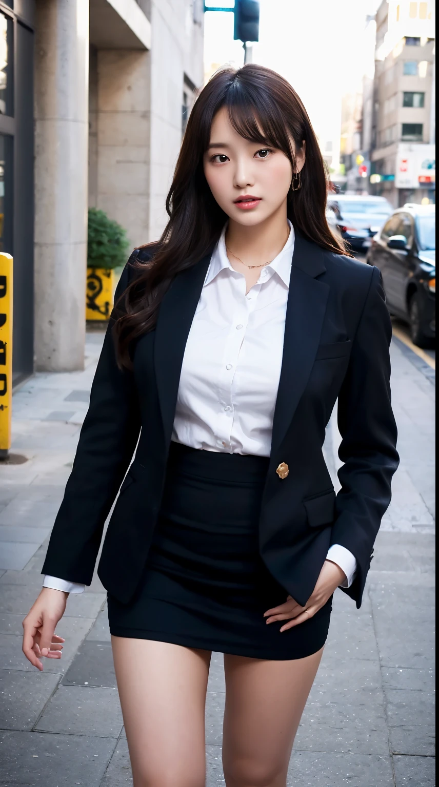 (Best Quality, High Quality,16k:1.5),Japanese woman,20 years old ,huge breast, voluptuous ,business black Suit and 襟付きシャツ and tight black skirt,cowboy shot,