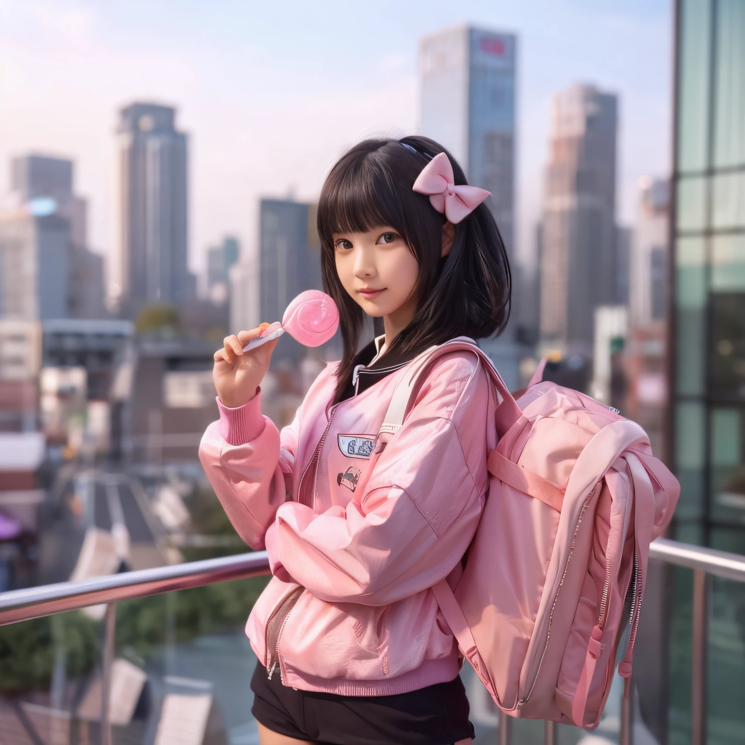 1 girl, wearing pink jacket, black shorts, pink bag, carrying candy, black hair, realistic, Ultra,detailed
