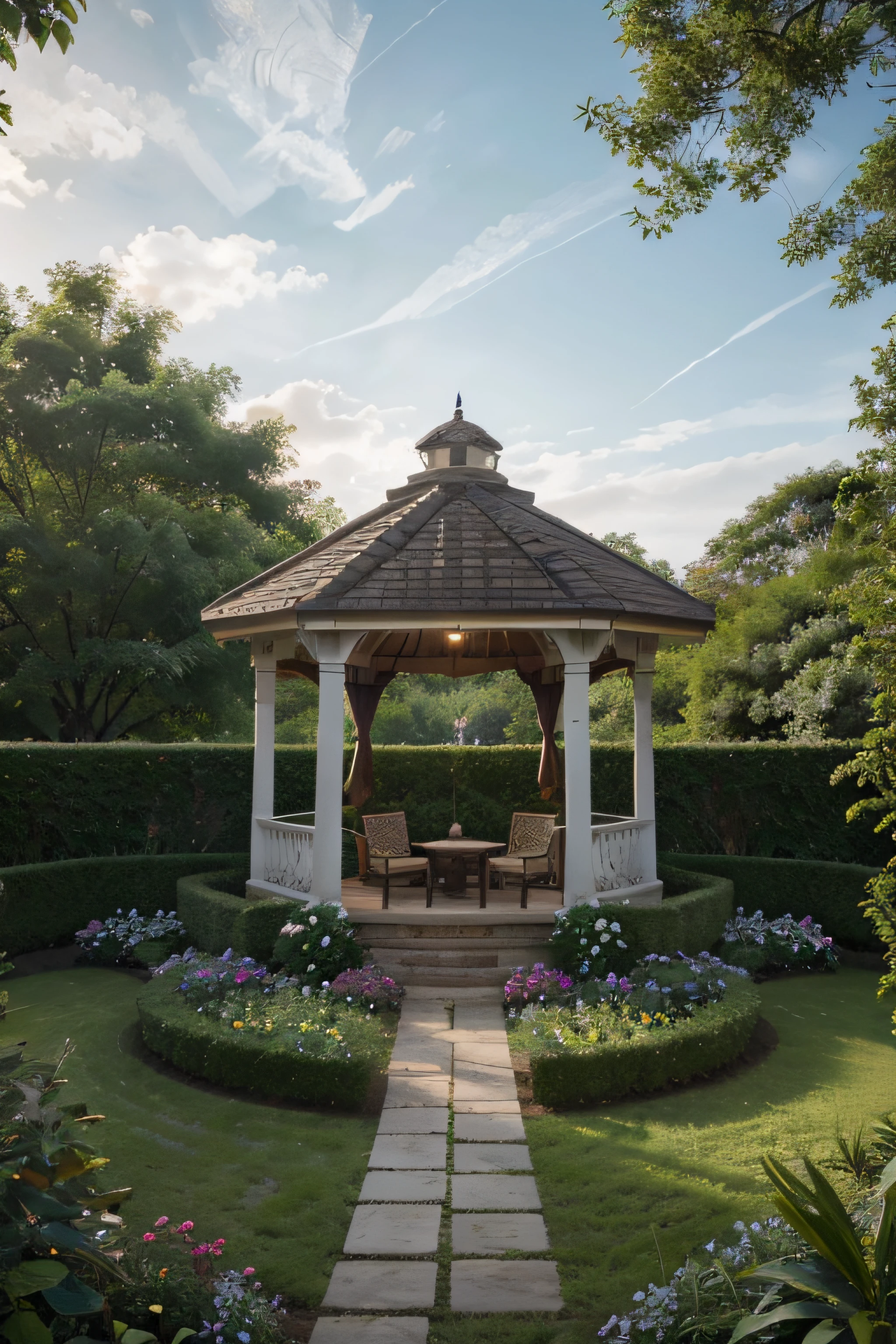 Gere uma imagem 8K altamente detalhada e realista de uma cena serena de jardim. The garden must have lush vegetation, flores vibrantes, e uma variedade de plantas. no centro do jardim, inclua um gazebo lindamente projetado com detalhes intrincados. Lighting should be natural, com um ambiente acolhedor e convidativo. Pay attention to fine details, como a textura das folhas, O jogo de luz e sombra, and overall composition to create a visually stunning and realistic representation. The final image should resemble a high-resolution photograph of an idyllic garden with the gazebo as the focal point."