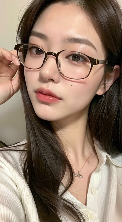 ((top-quality、8K、tmasterpiece:1.3))、Twenty years old、Long gray hair、Focus Clear:1.2、Beautiful woman with perfect style:1.4、Slim abs:1.2、((dark brown hair、Colossal tits:1.2))、(White button-down long shirt:1.1)、School teaching building:1.2、Highly Detailed Face and Skin Textur、詳細な目、二重まぶた、wears glasses、((full bodyesbian、overhead photography))
