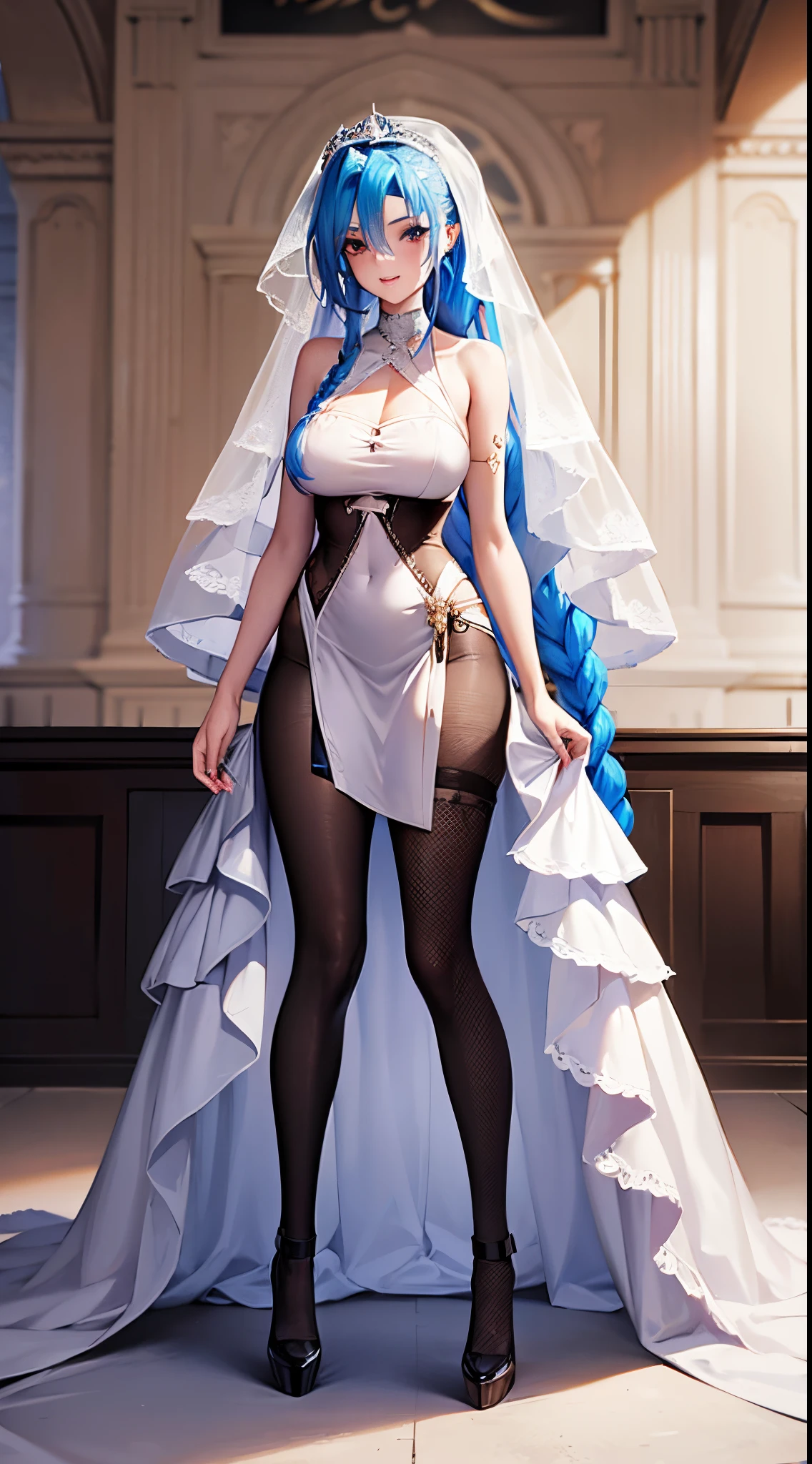 Jinx wedding dress，White veil，(white wedding gown)，rose tattoo，Giggle smile，Blue twist braid，with a huge pistol，The pistol is taller than a person。Lowry on the run，league of legend ，Totally criminal，(livestock),The color is black，(fish net leggings),(The stands up)，The background is dark and hard，There is a sense of danger and a strong feeling，Wearing a white wedding dress，At the wedding，A cup，a white long skirt