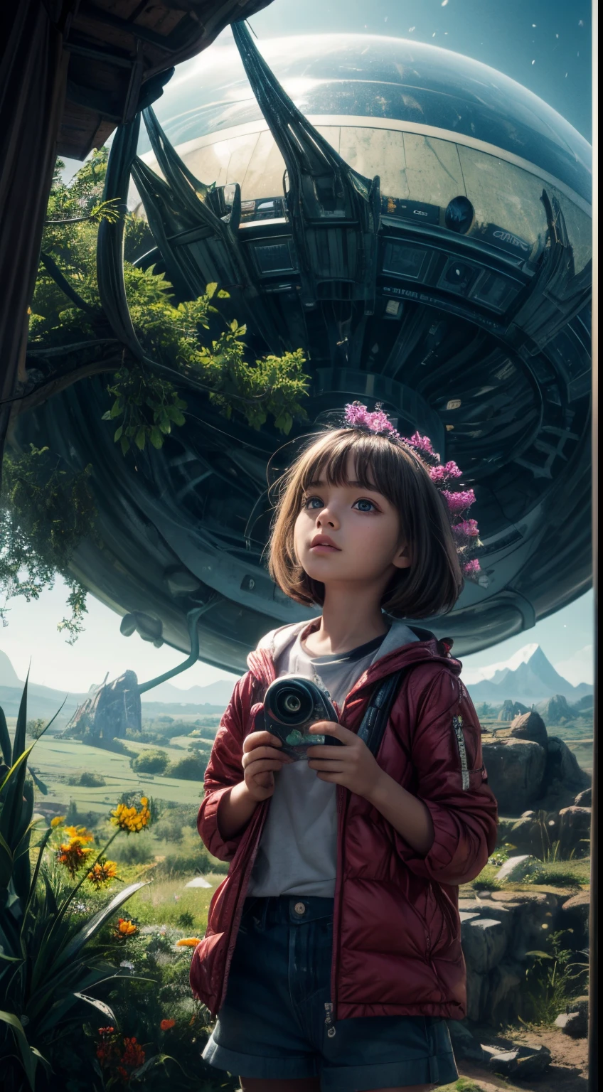 "A young girl with a sense of wonder explores an alien planet with vibrant chrome vegetation. Die surreale Landschaft und Flora schaffen ein atemberaubendes Nebeneinander in einem Weltraumparadies.
Vorbereitend