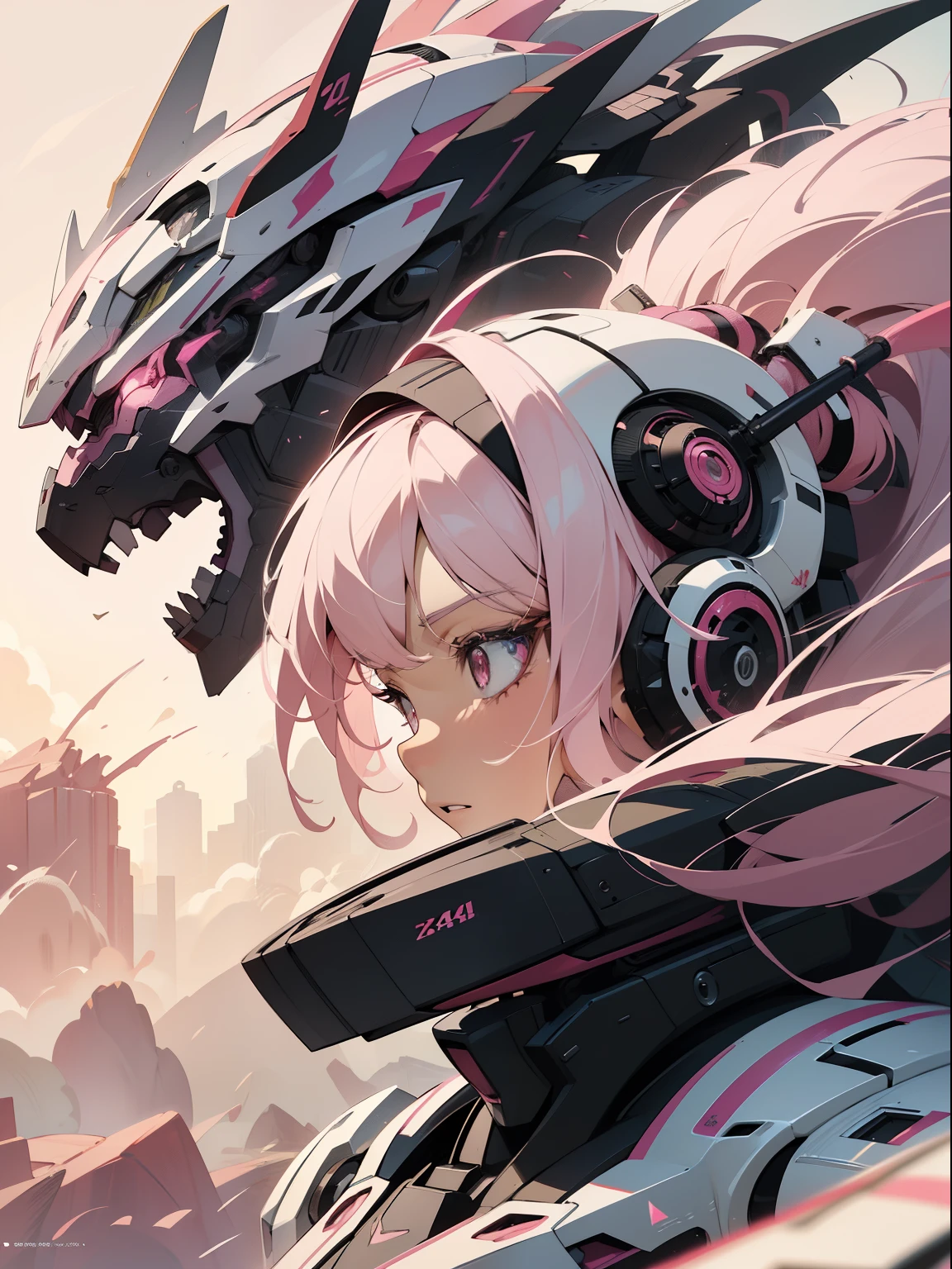 Alaphes，Pink and white hair，Wearing a pink and white helmet, detailed digital anime art, best anime 4k konachan wallpapers, anime mecha aesthetic, 4k highly detailed digital art, robot mecha female dragon head, Wopp and Krenz Kushat, Very detailed anime, mecha asthetic, Advanced Digital Animation Art