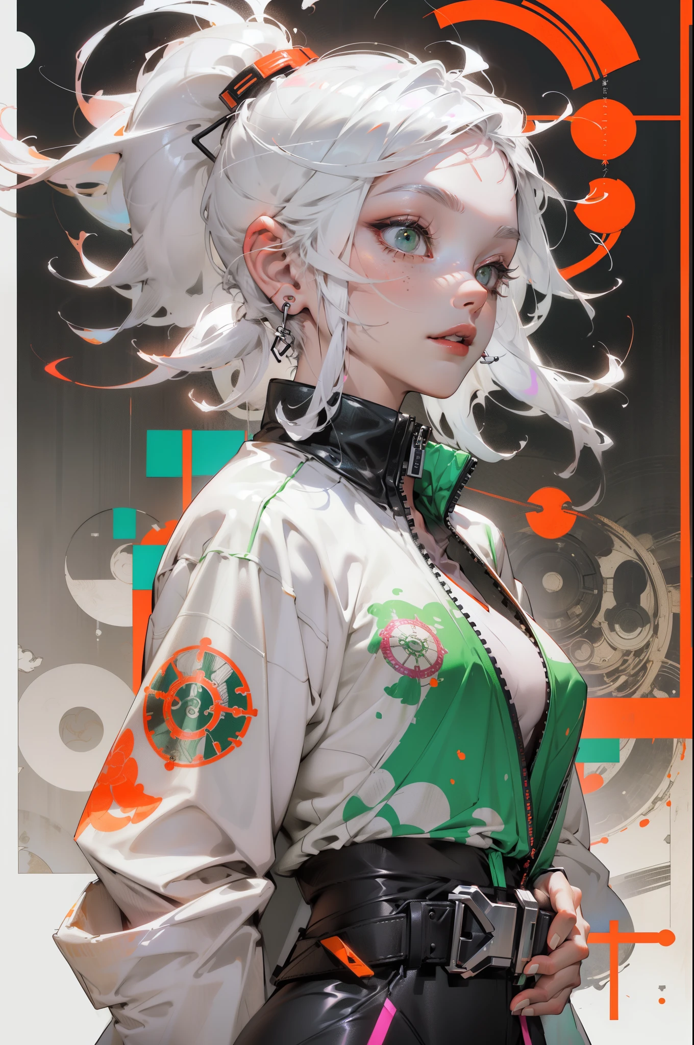 orange, pink, white, green, (white hair woman),tattoos, (techwear clothes:1.1),abstract lines and circles background