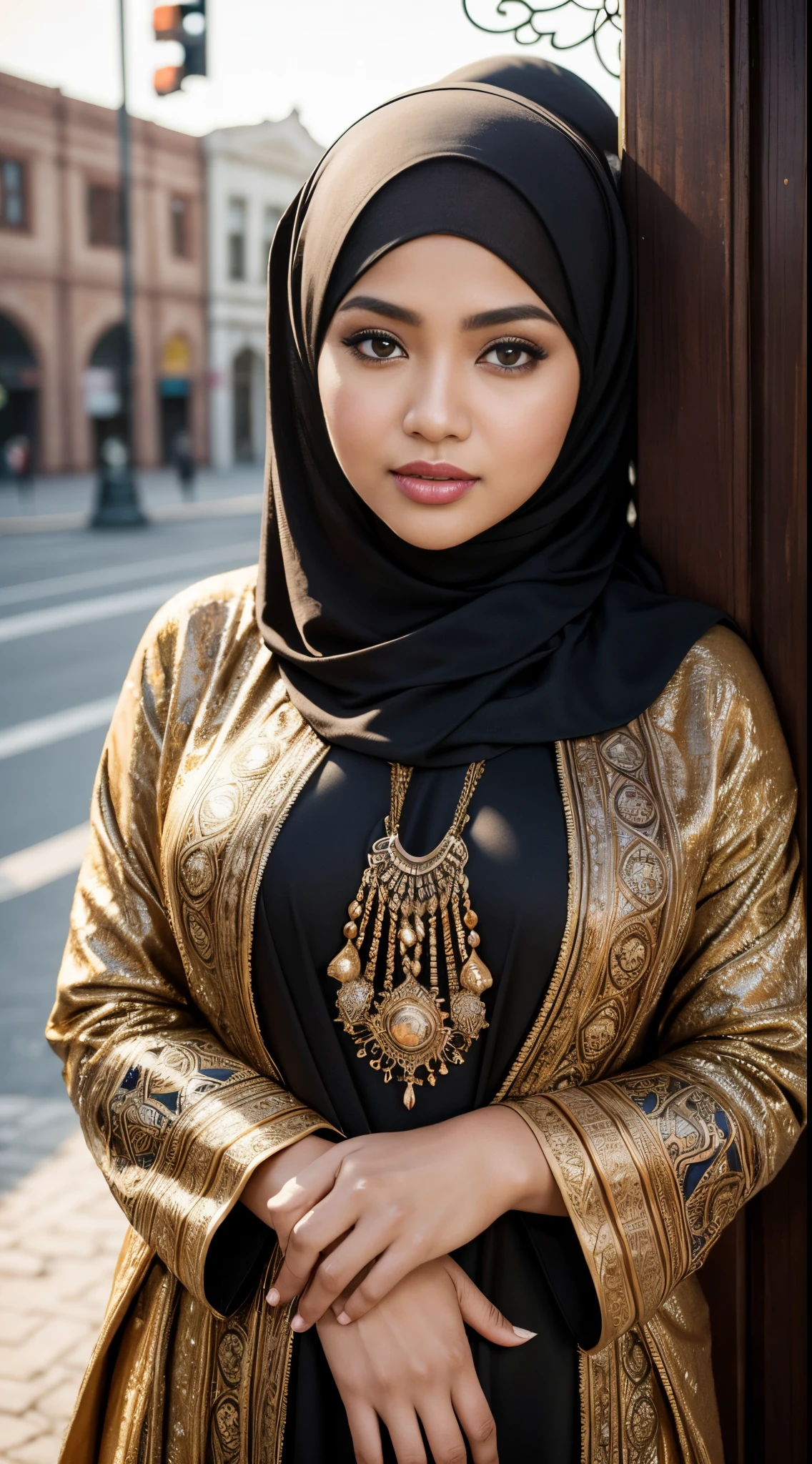 RAW, Best quality, high resolution, Masterpiece: 1.3), Beautiful Malay woman in hijab,Masterpiece, best quality,8k, brown eyes, big breast, perfect eyes,Master professional photography, beautiful woman in hijab and burqa and accessories, extreme textures and details, full body portrait shot, bohemian city landmarks background, 64K