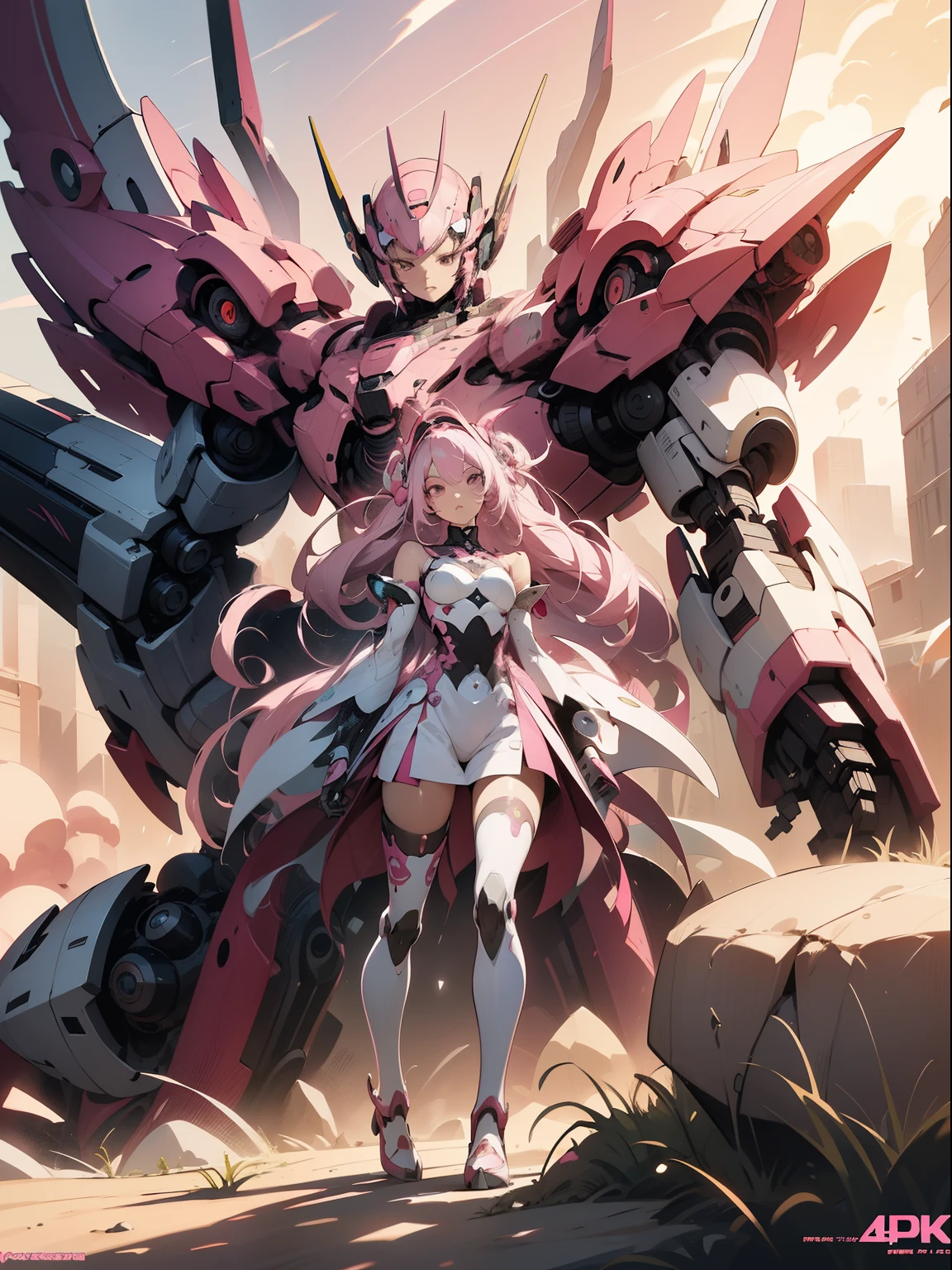 Alaphes，Pink and white hair，Wearing a pink and white helmet, detailed digital anime art, best anime 4k konachan wallpapers, anime mecha aesthetic, 4k highly detailed digital art, robot mecha female dragon head, Wopp and Krenz Kushat, Very detailed anime, mecha asthetic, Advanced Digital Animation Art