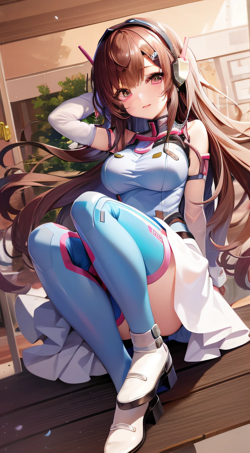 masutepiece, Best Quality, High resolution, 1girl in, Ultra High Resolution, Solo, Mecha Pilot, D.va, headphones, Pink eyes, Cat makes ad ornament, Blue tights, Brown hair, White Gloves,Chibi Chara、Chibi
