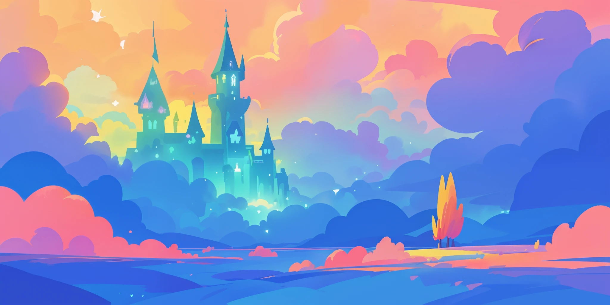 beautiful fantasy landscape, vibrant colors, (((otherworldly landscape))), whimsical landscape, cloud castle, huge clouds, ocean of clouds, watercolor illustration, disney art style, glowing lights, beautiful digital illustration, fantasia otherworldly landscape plants flowers, beautiful, masterpiece, best quality, anime disney style
