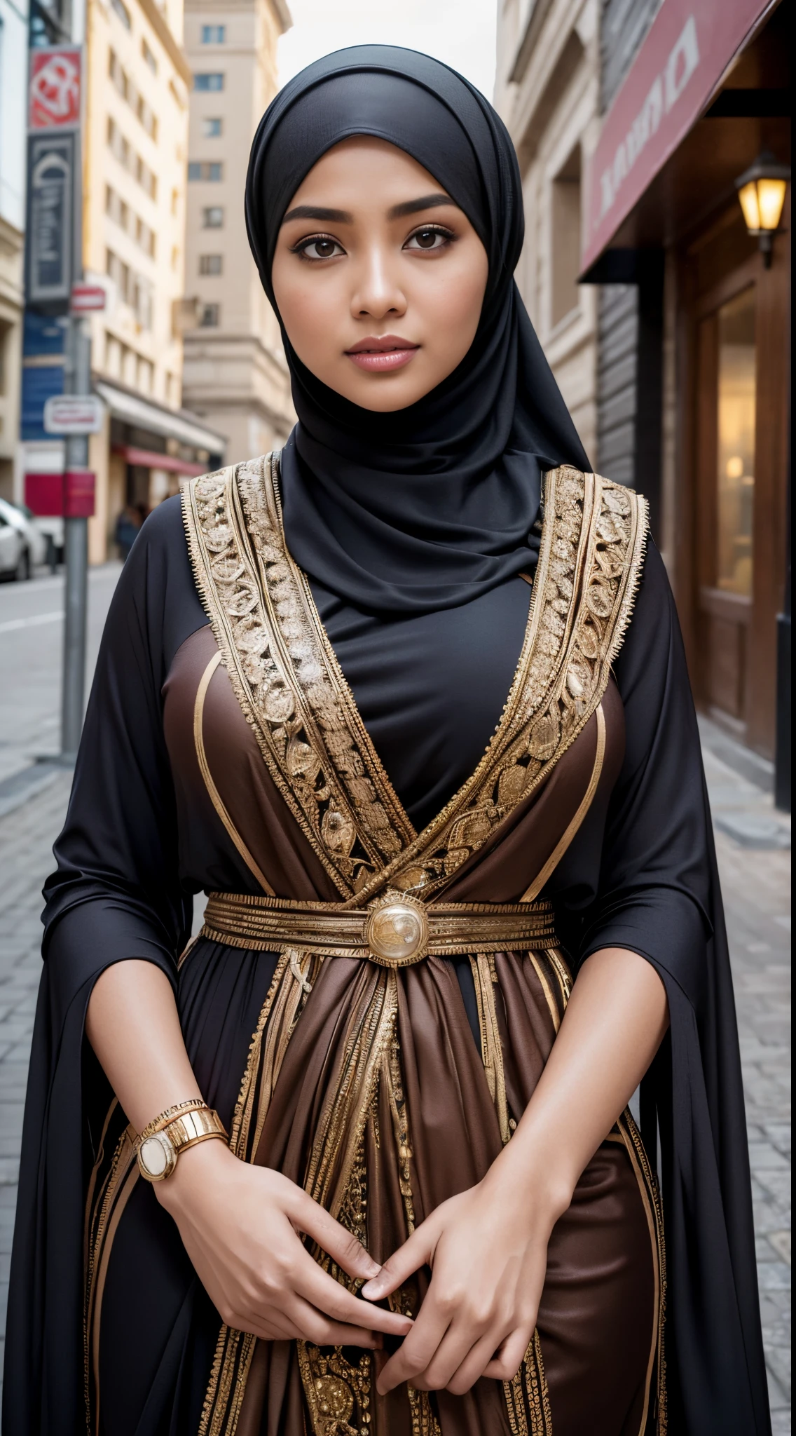 PetaWilson,gorgeous woman, professional, (4k photo) by (Jeremy Lipking:0.3), (Dittmann Anna:0.3), (Arian Mark:0.3), (Sharp focus:1.3), (beautiful woman:1.3), wearing (leather hijab, leather abaya with intricate gold details:1.2), perfect make-up, striking, mesmerizing eyes, beautiful detailed face, standing in an arabian medieval marketplace