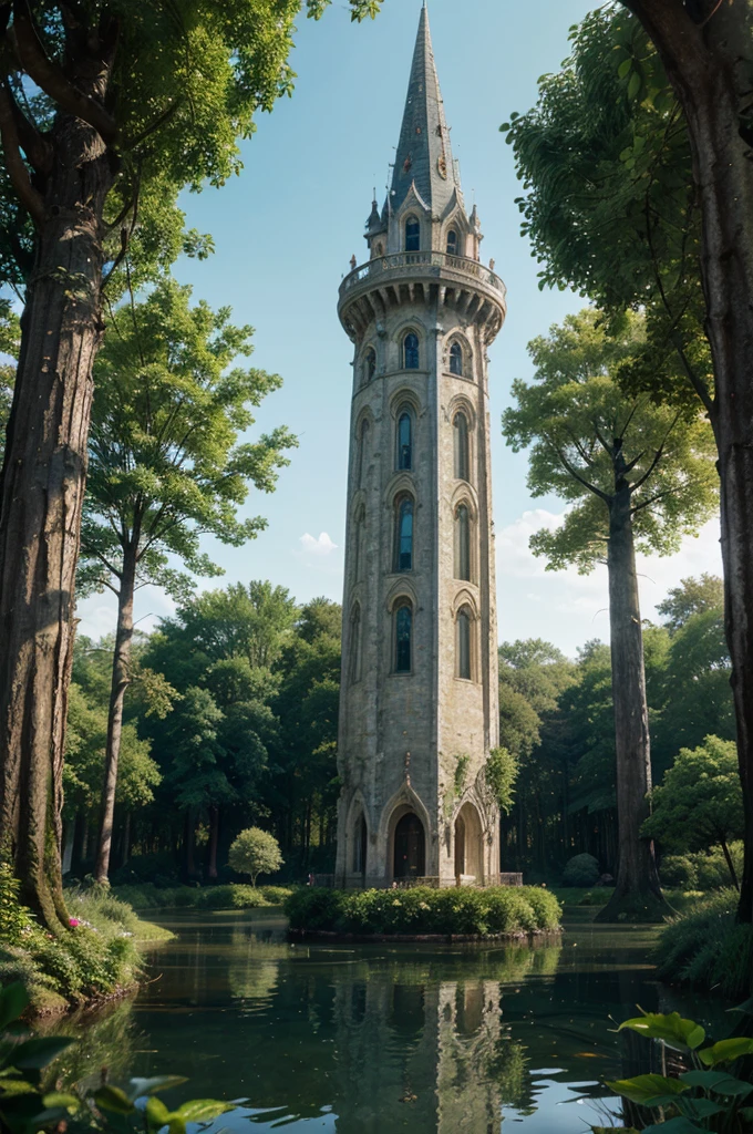 Floating Crystal Spire in the Enchanted Forest:
Prompt: "Create a mesmerizing digital artwork featuring a wizard's tower suspended high above an enchanted forest canopy. Focus on the interplay of magical crystals, ivy-covered walls, and the reflection of vibrant flora on the tower's shimmering roof."