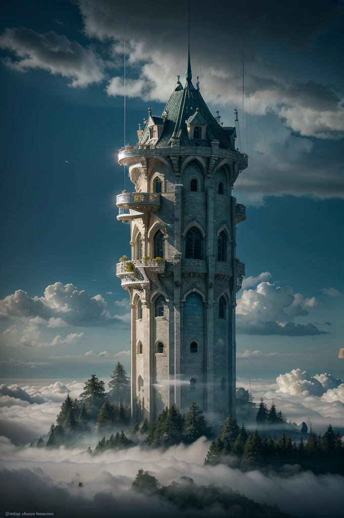Airborne Observatory in the Cloud Kingdom:
Prompt: "Bring to life the ethereal elegance of a wizard's tower suspended within perpetual clouds. Emphasize the use of semi-translucent materials for the walls, and create a dynamic scene with a billowing canopy of enchanted mist that changes colors with the shifting light."