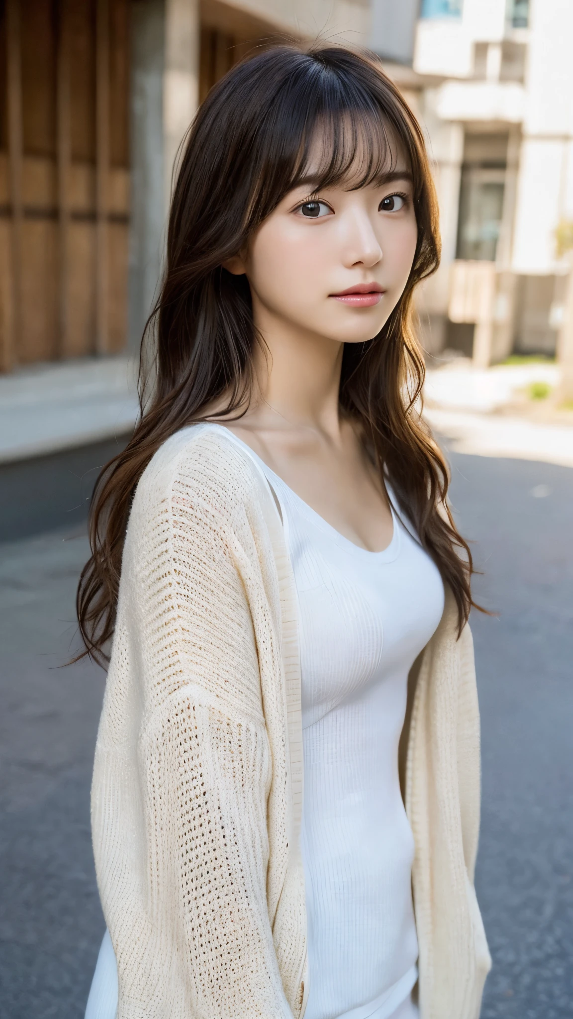 (top-quality、16K resolution)女の子1人、独奏、natural soft light、small tits、A Japanese Lady、Looking at the camera、white long sleeve knit cardigan、Concrete background、Facing the front、is standing、bobhair、Woman in her late teens、Light bangs、short-hair、Salon model、Natural look、portlate、floated hair、Rolled hair